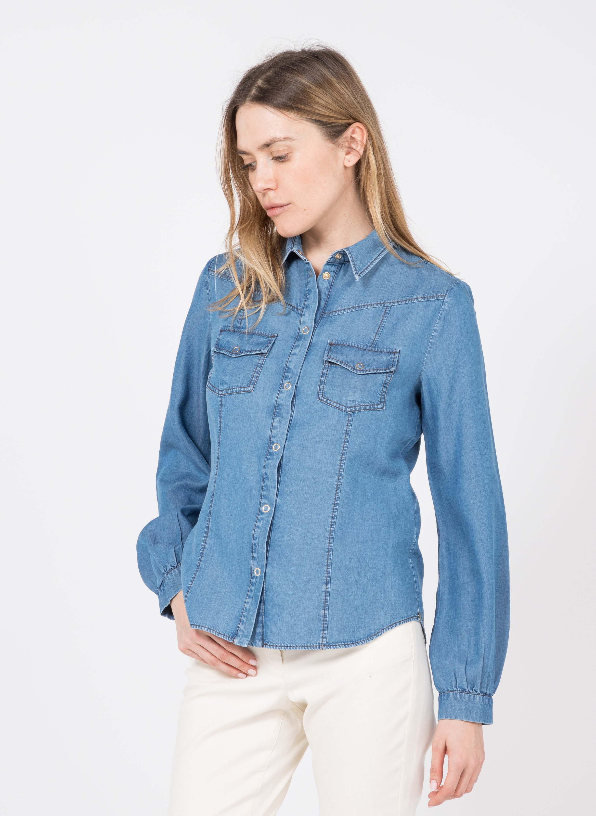 Denim-effect Shirt With Classic Collar Navy Blue Pennyblack - Women | Place  des Tendances