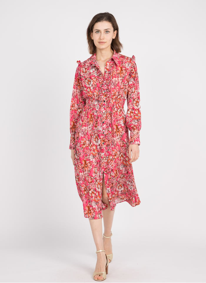 Floral Print Midi Dress With Classic Collar Mult.fuxia/rosa Pinko - Women |  Place des Tendances