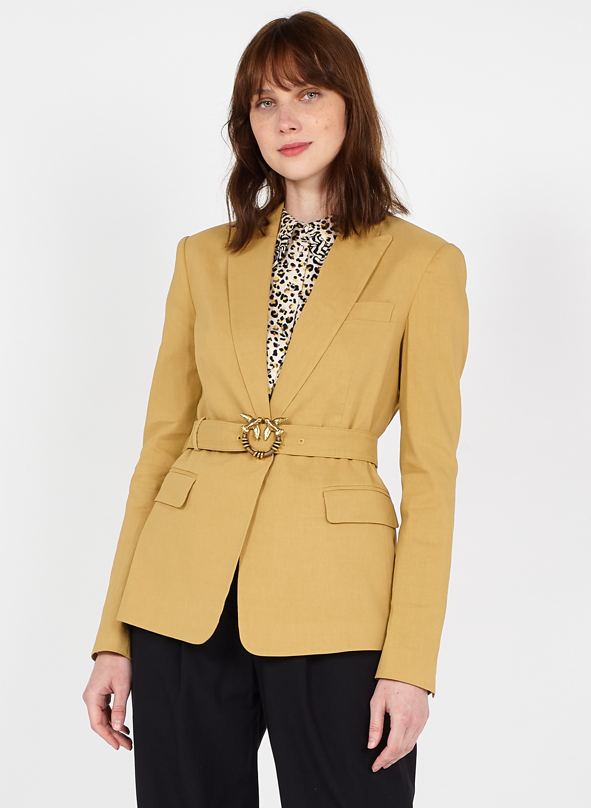 Linen-blend Jacket With Tailored Collar Giallo Ocra Pinko - Women | Place  des Tendances