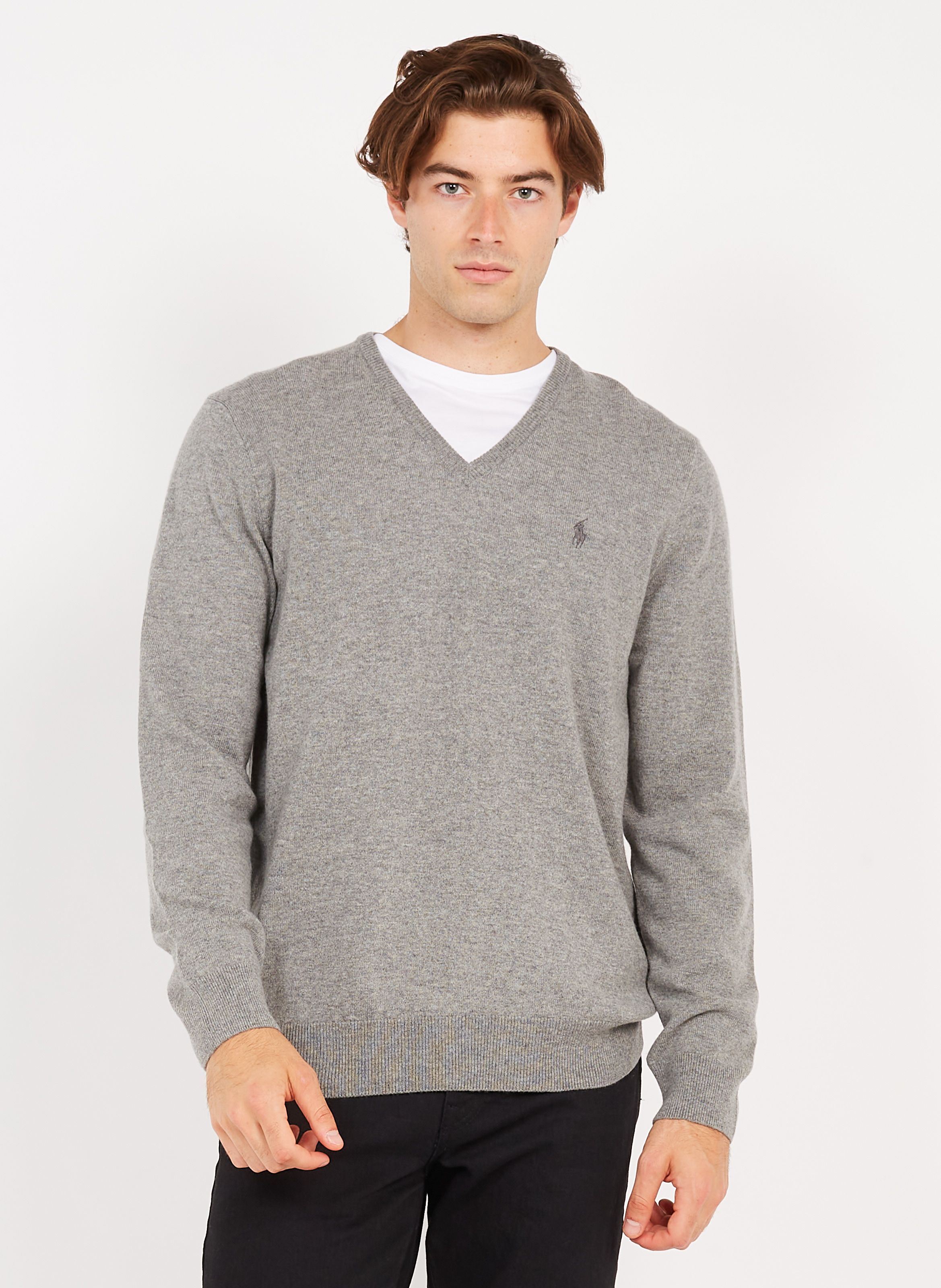 Grey Regular fit embroidered wool V neck jumper