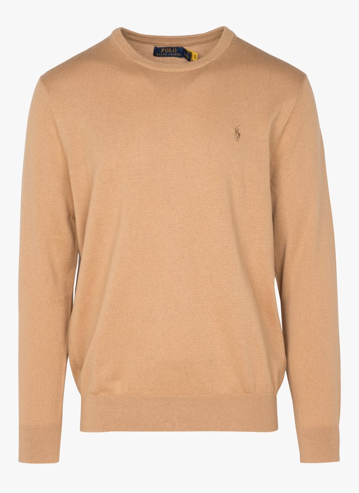 Round neck Cotton blend Sweater With Embroidered Logo Burlap Tan