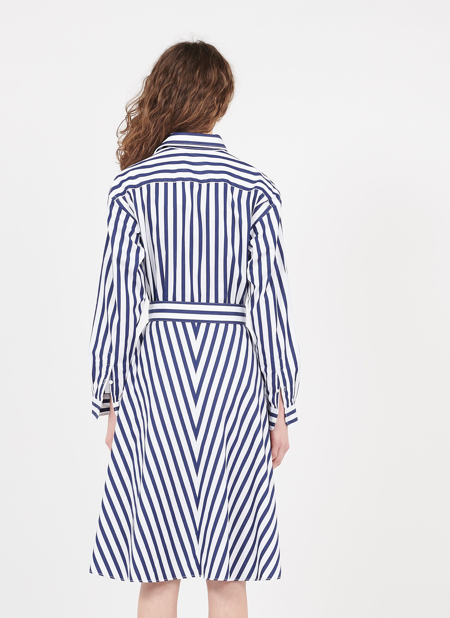 Blue Striped cotton midi dress with classic collar