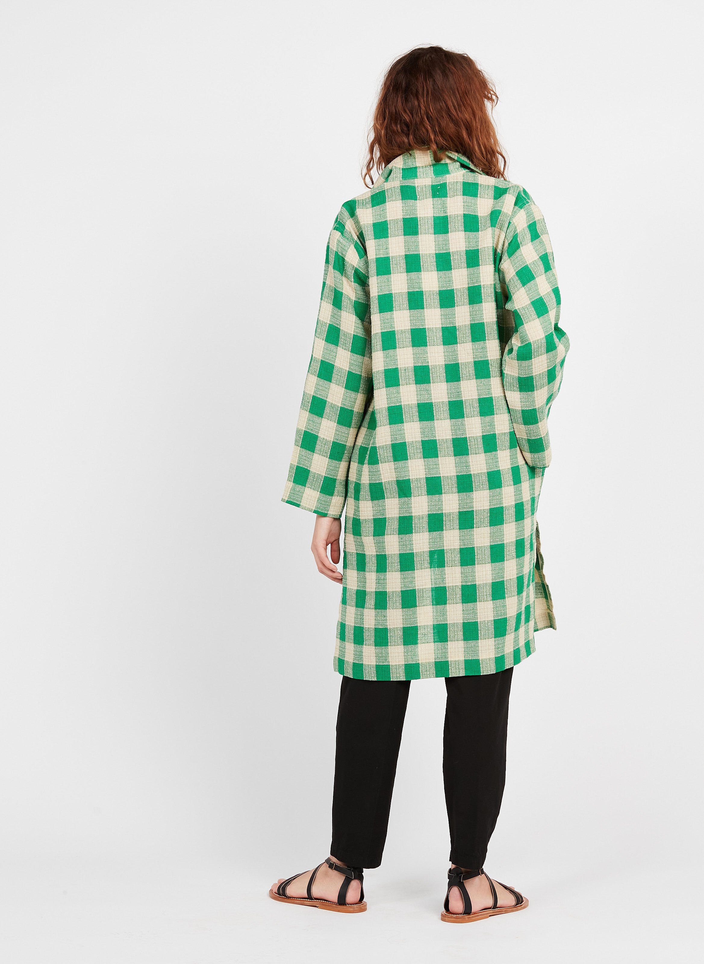 green and black check coat