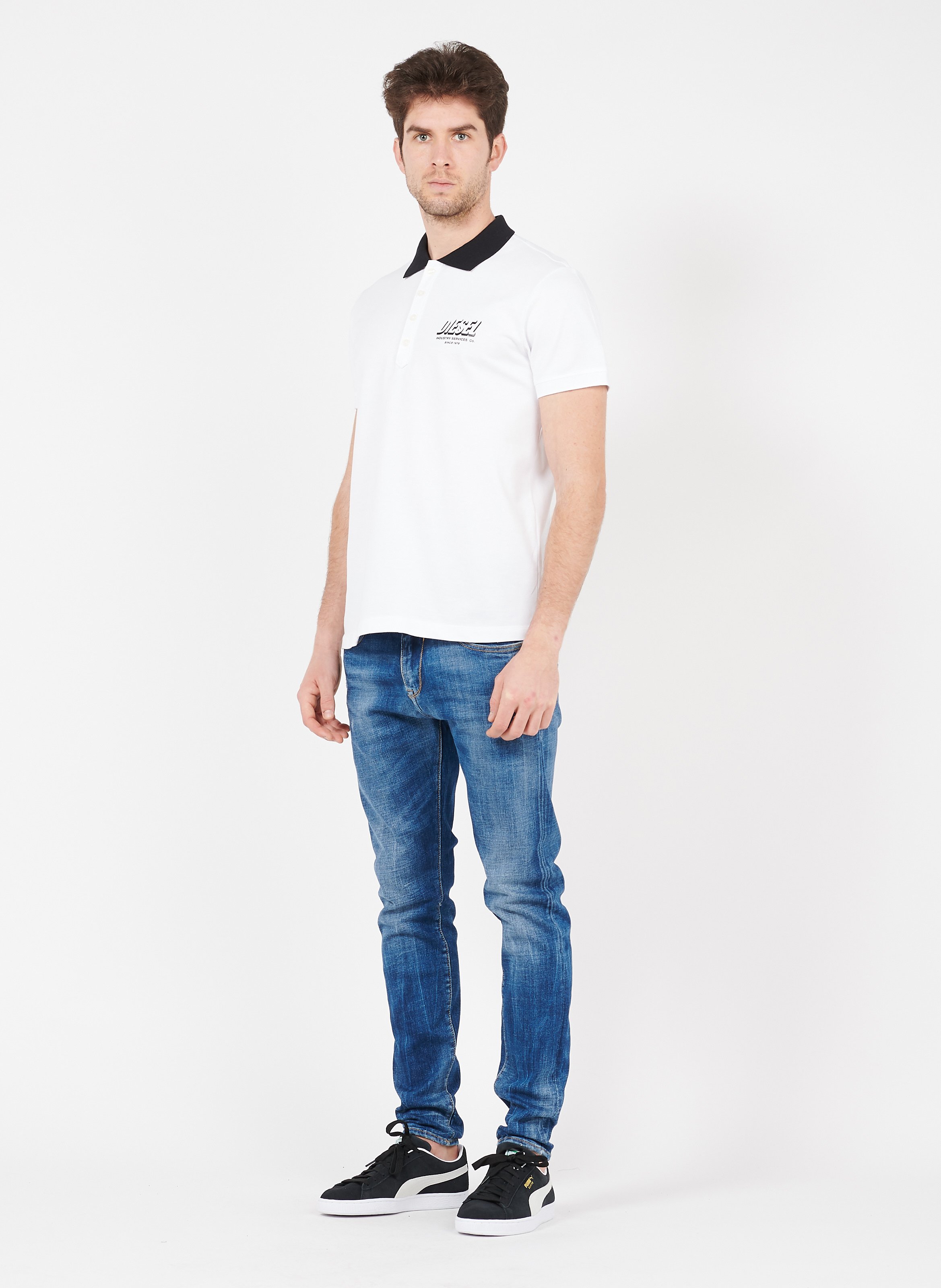 puma suede blue jeans