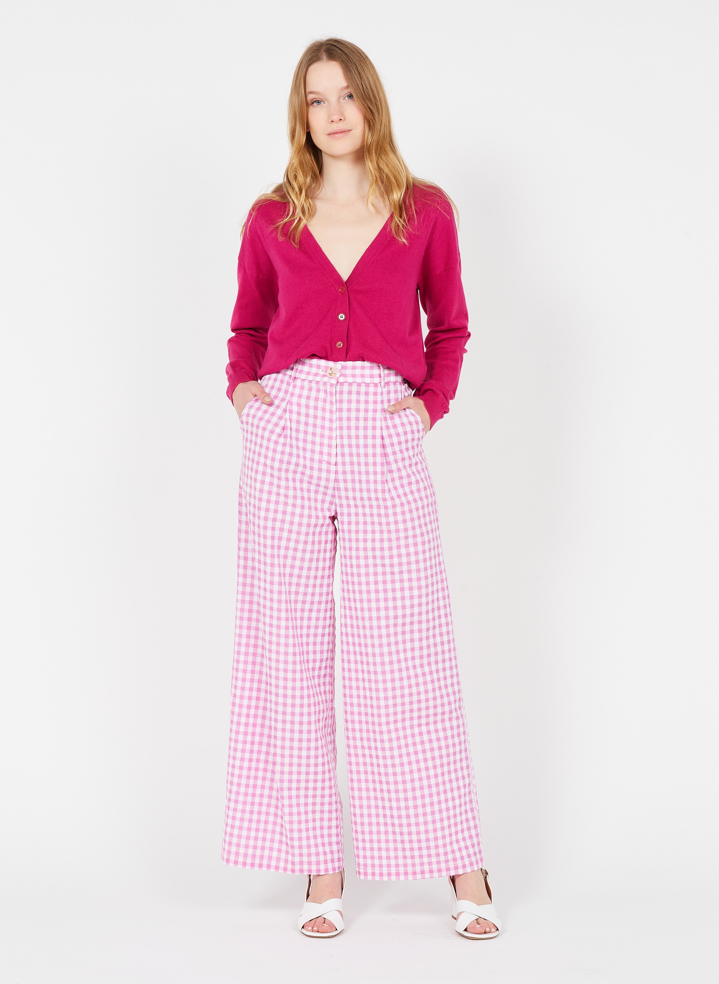 Sale Wide-leg Gingham Print Pants With 