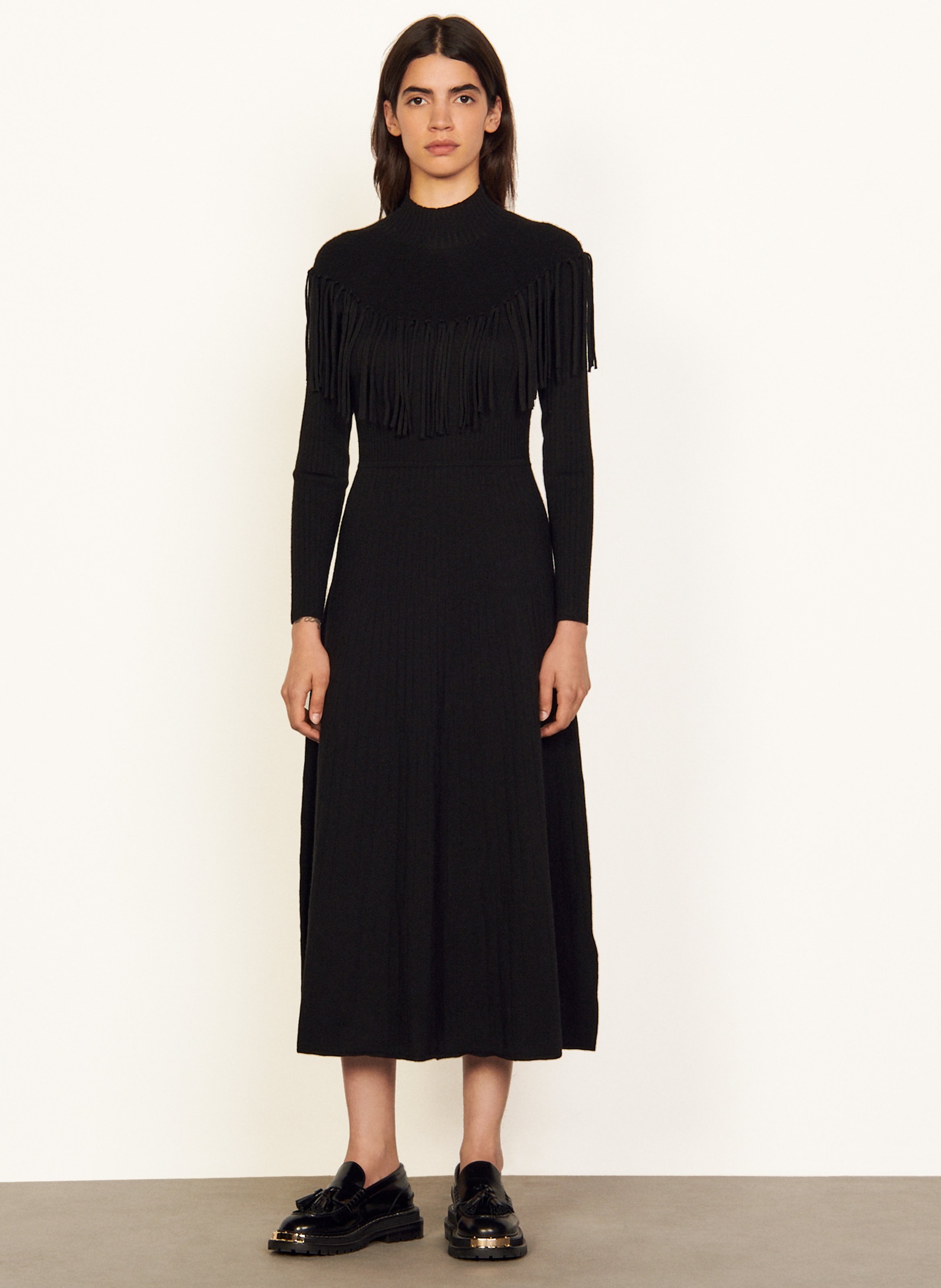 black wool midi dress