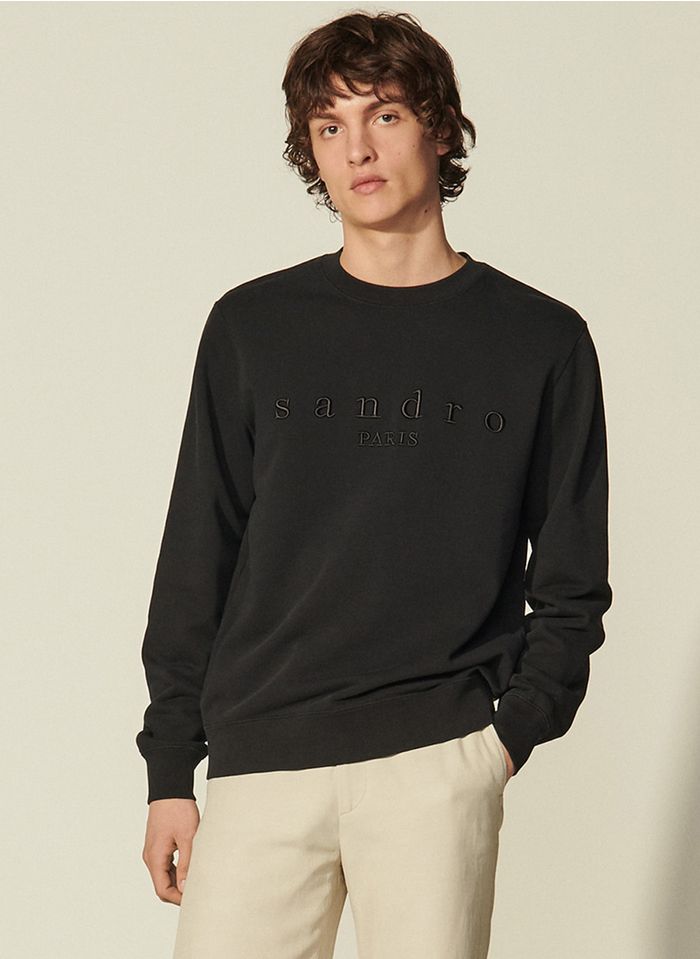 SANDRO Black Regular-fit embroidered organic cotton sweatshirt with round neck