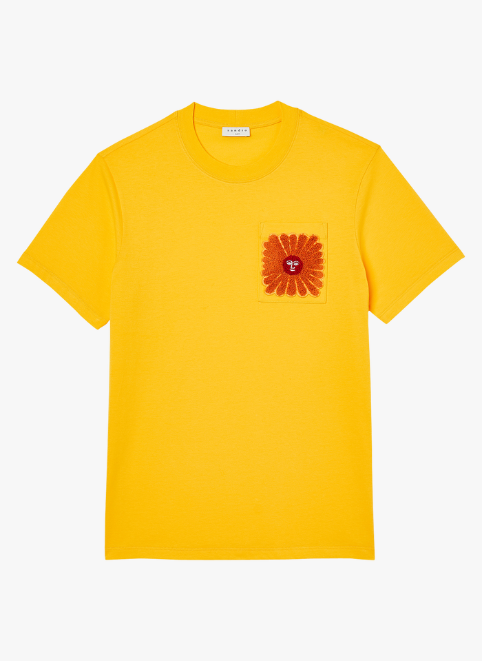 SANDRO Yellow Regular-fit embroidered organic cotton T-shirt with round neck