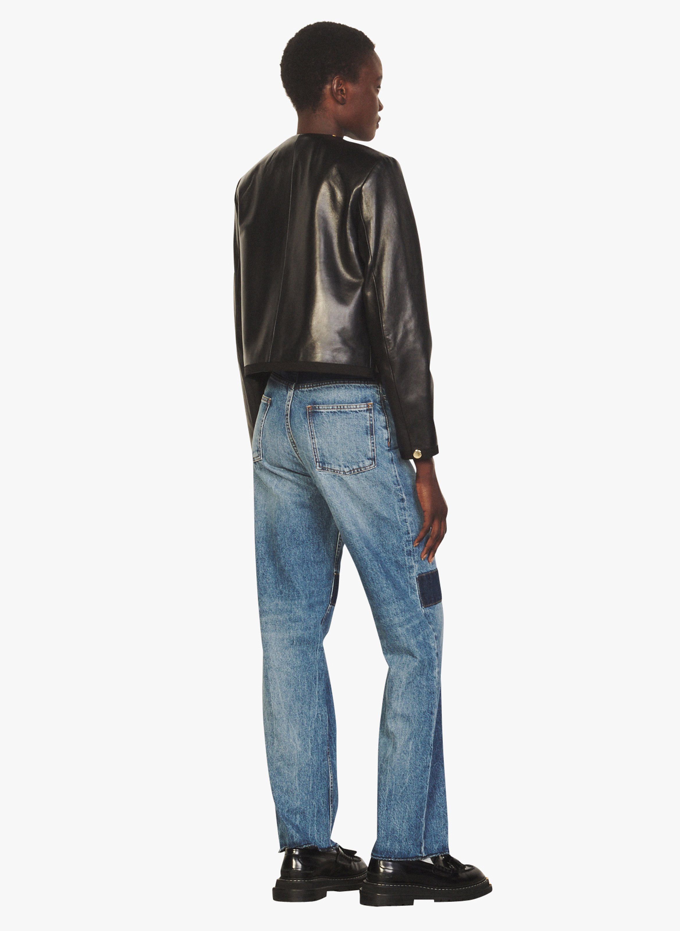 round neck leather jacket