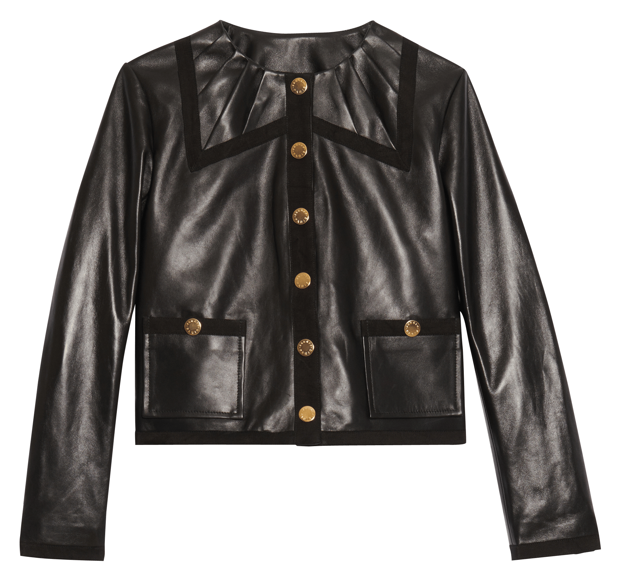round neck black leather jacket