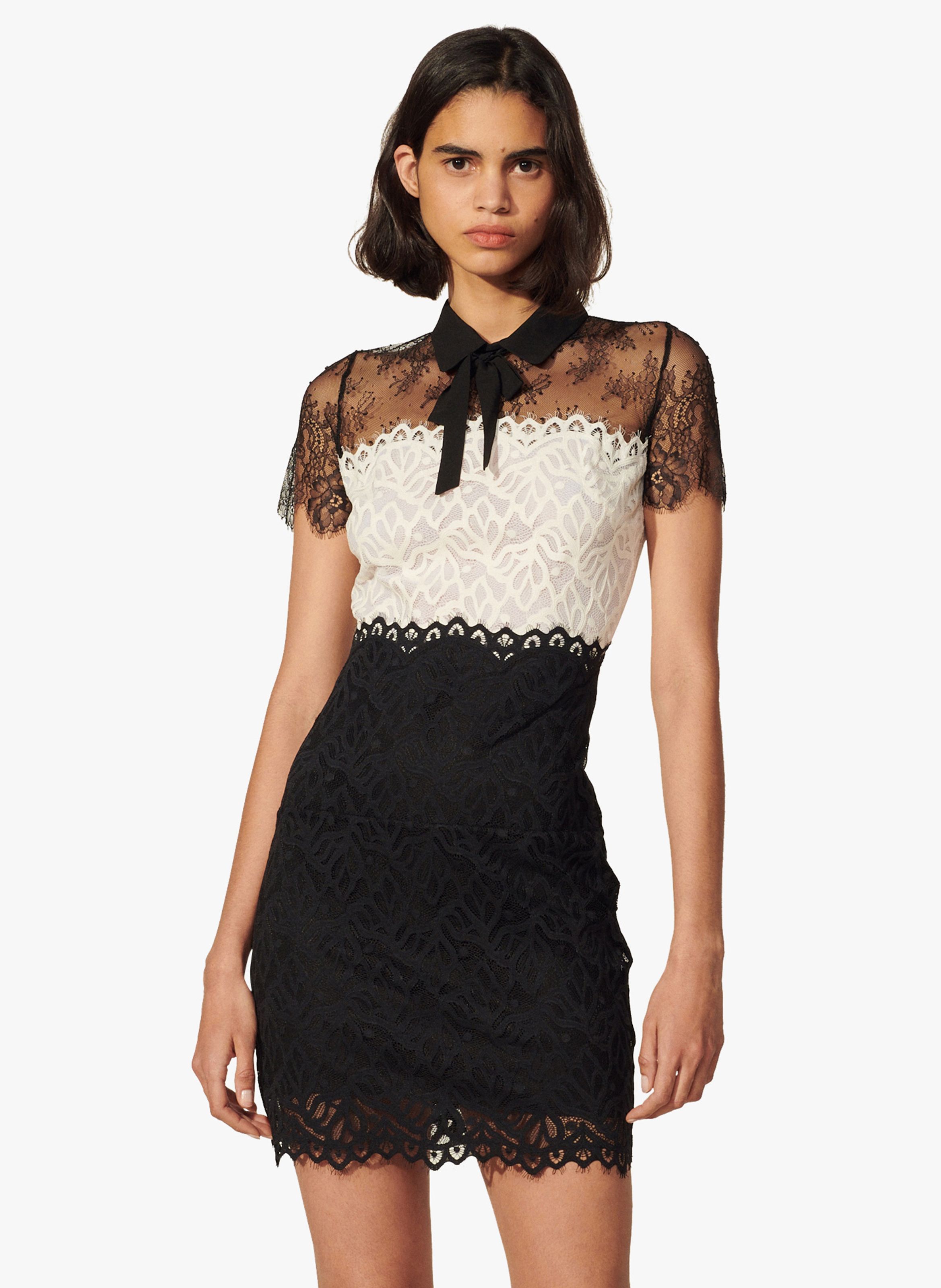 SANDRO White Short lace dress with classic collar