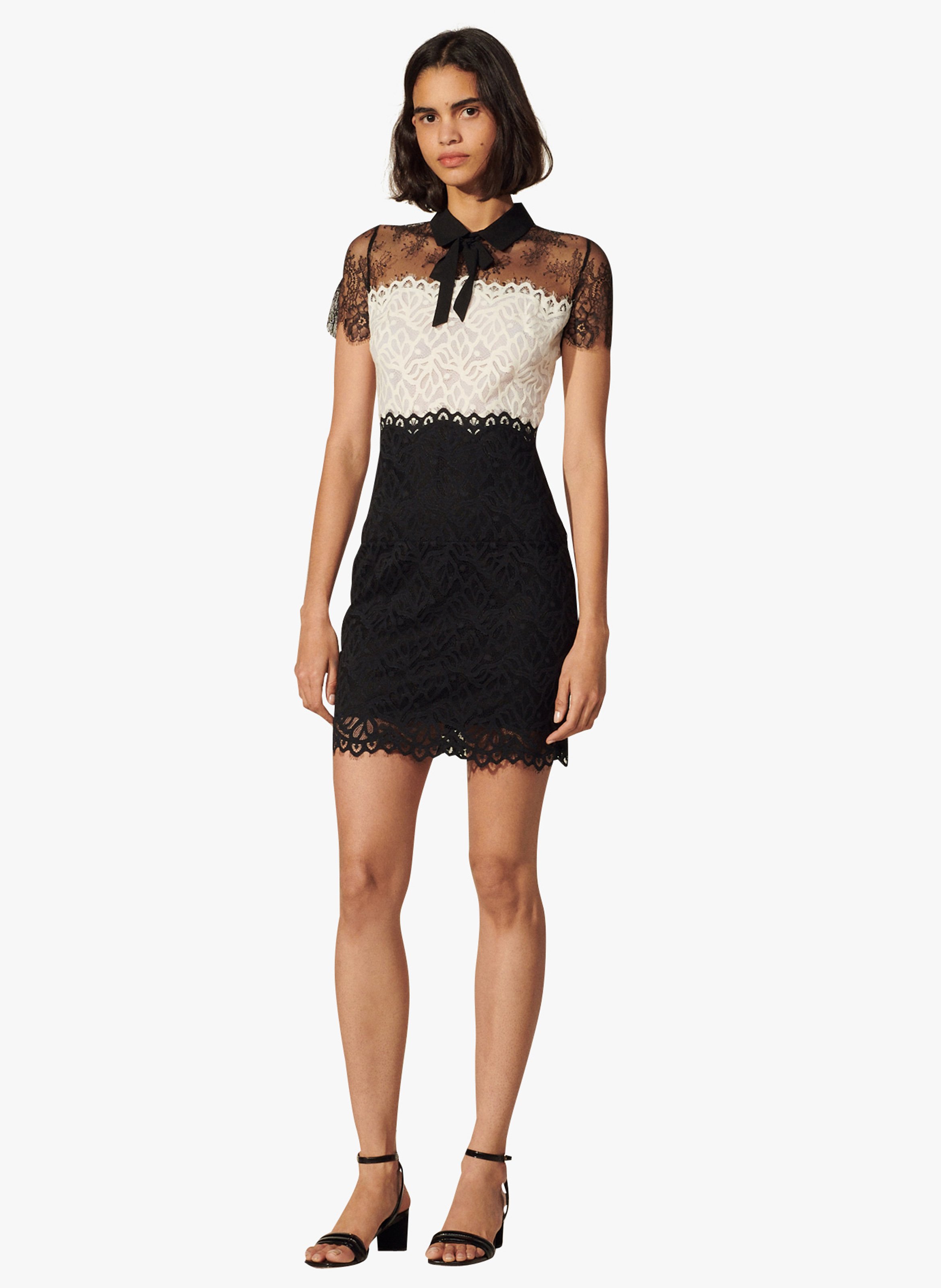 SANDRO White Short lace dress with classic collar