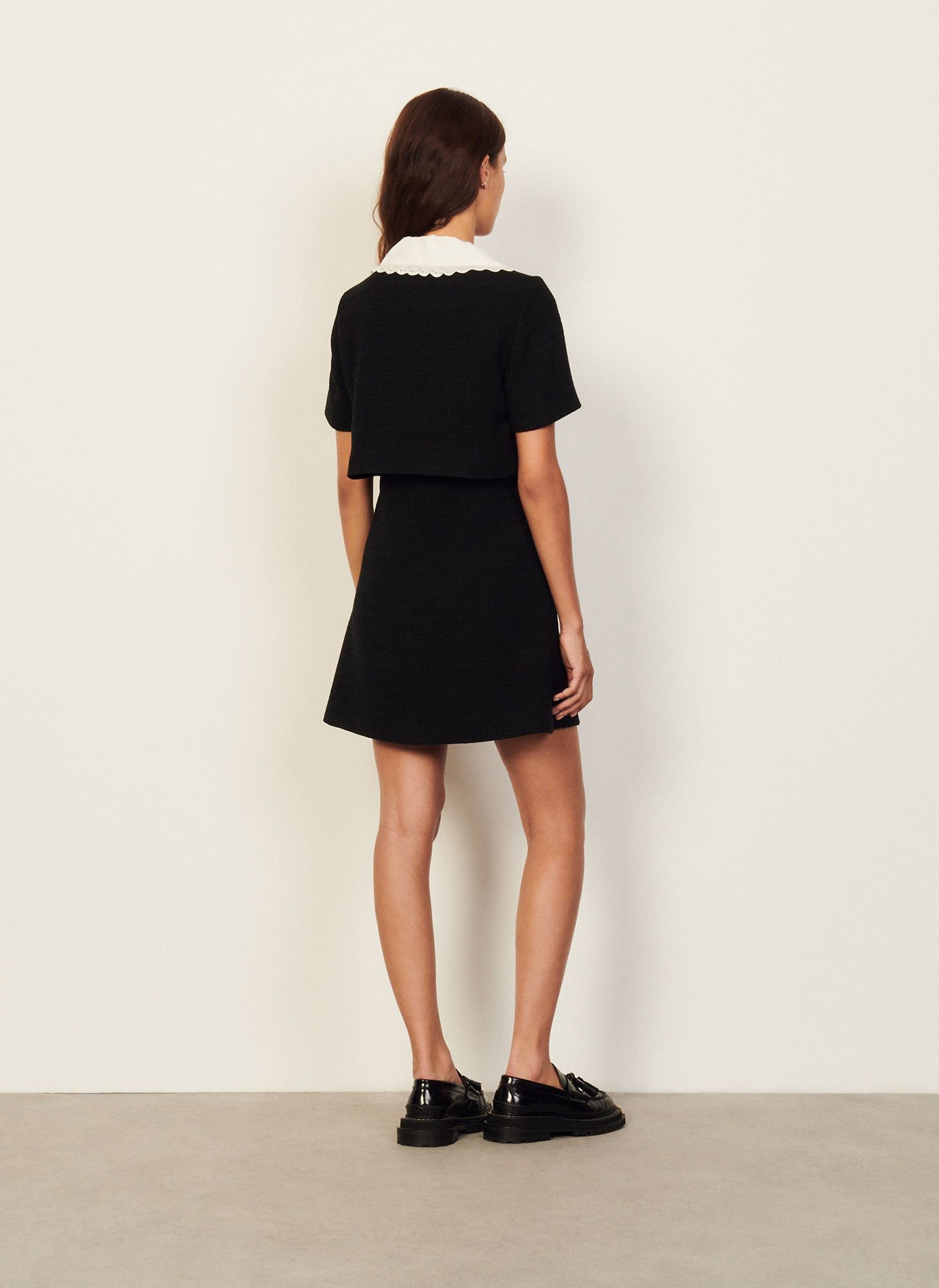 SANDRO Black Short tweed dress with Peter Pan collar