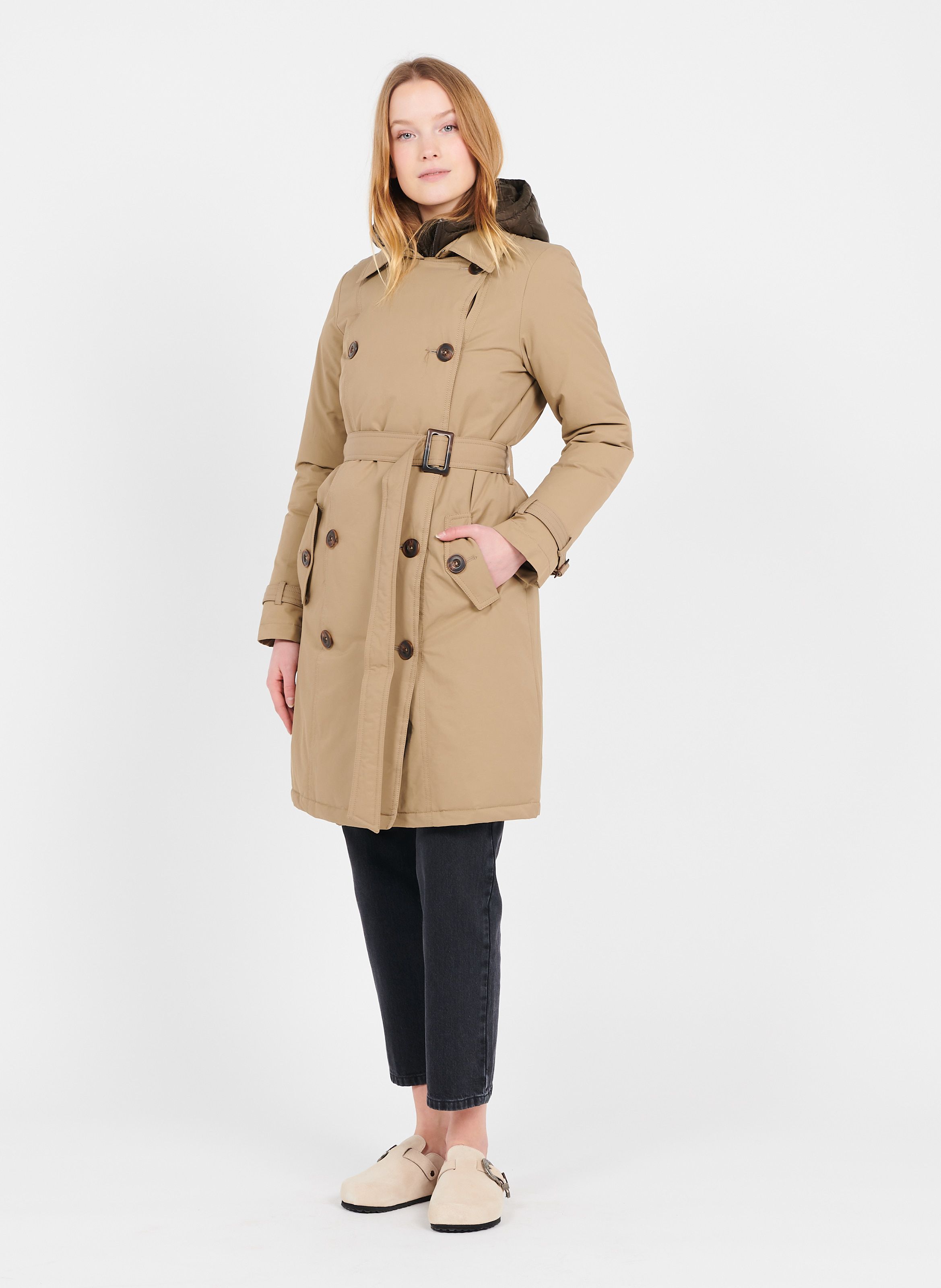 women's petite trench coat with hood