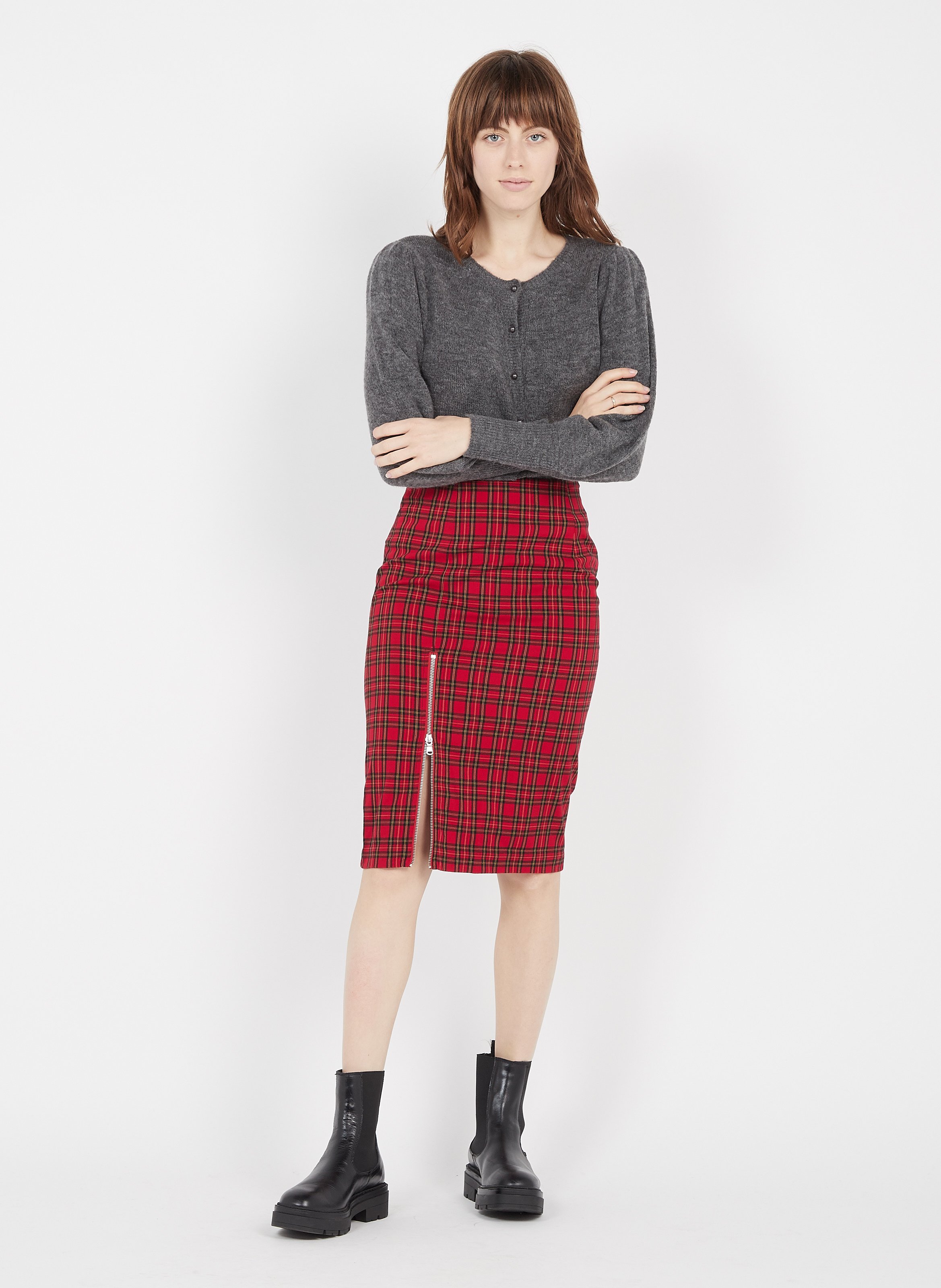 plaid pencil skirt red