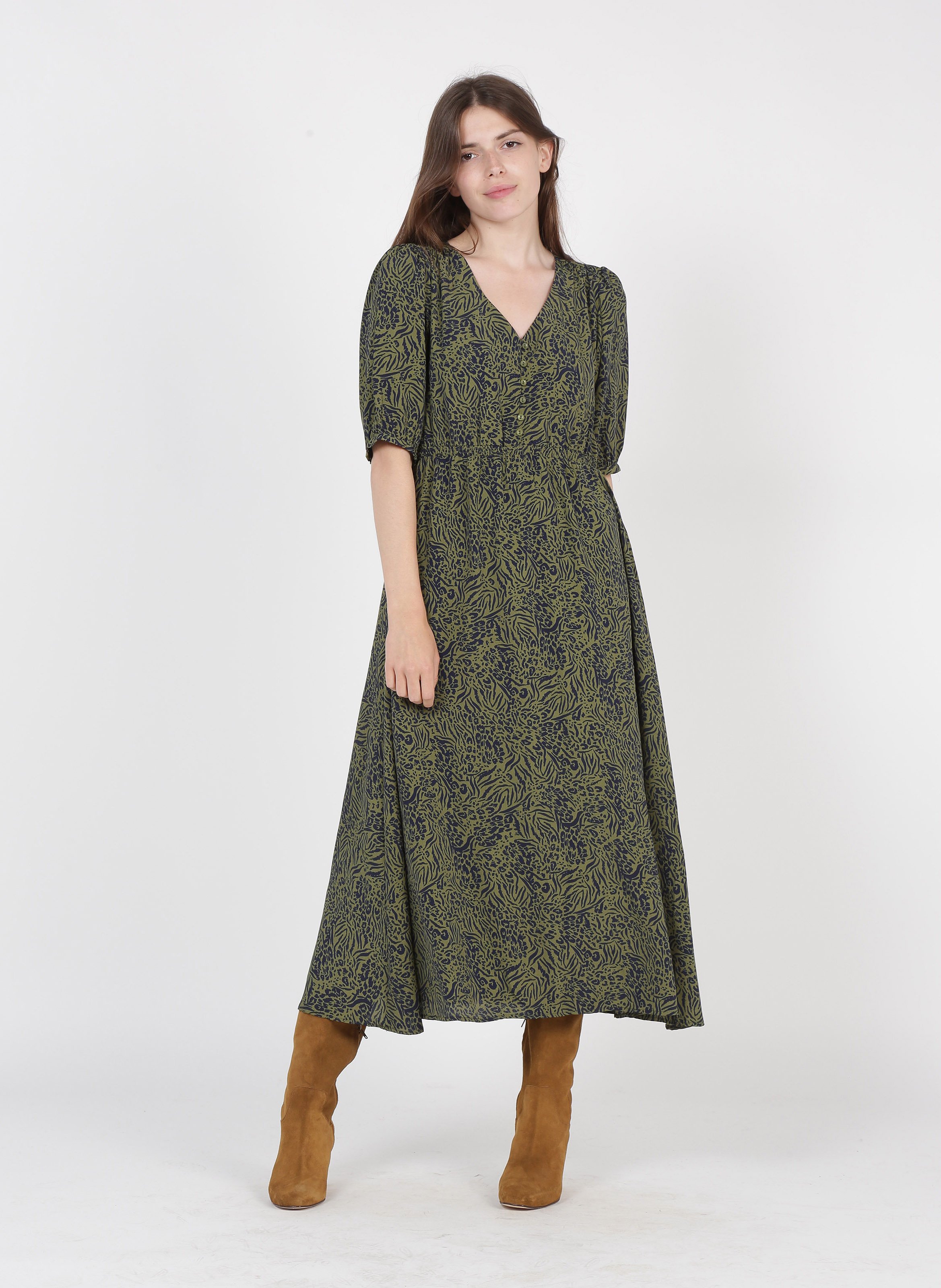 Printed V-neck Midi Dress Green See U Soon - Women | Place des Tendances