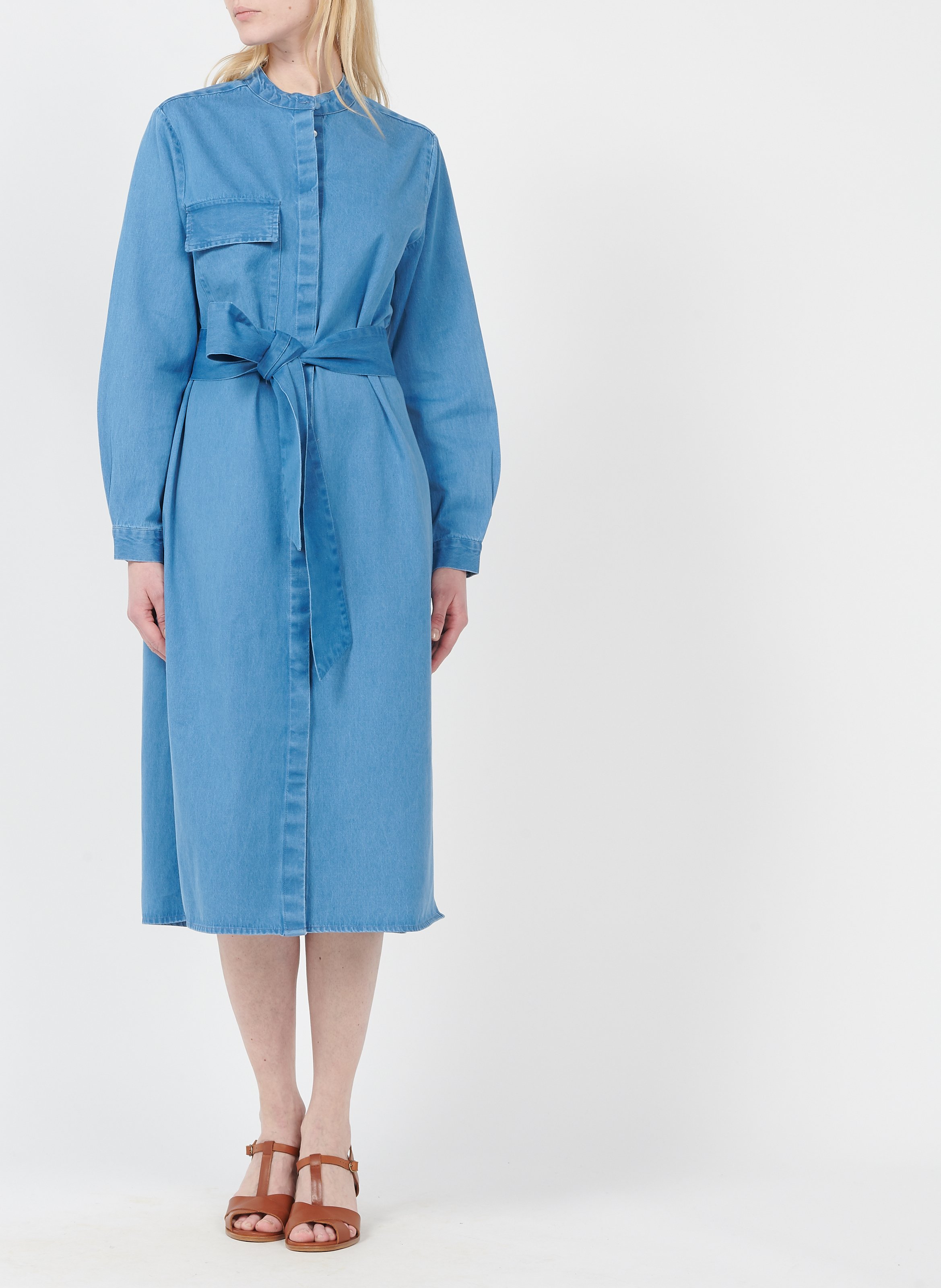 blue belted midi denim dress