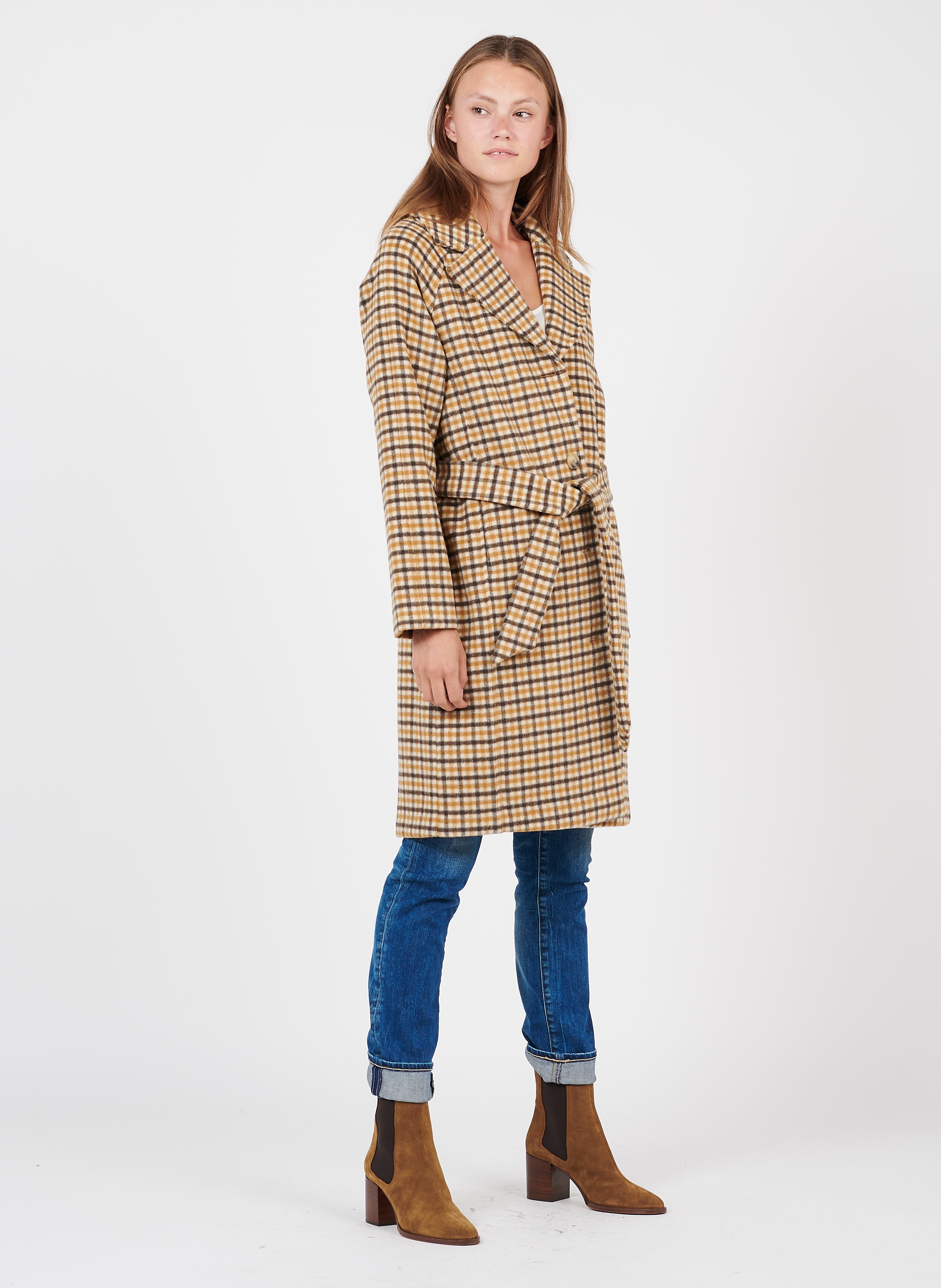 sandro long checked wool coat