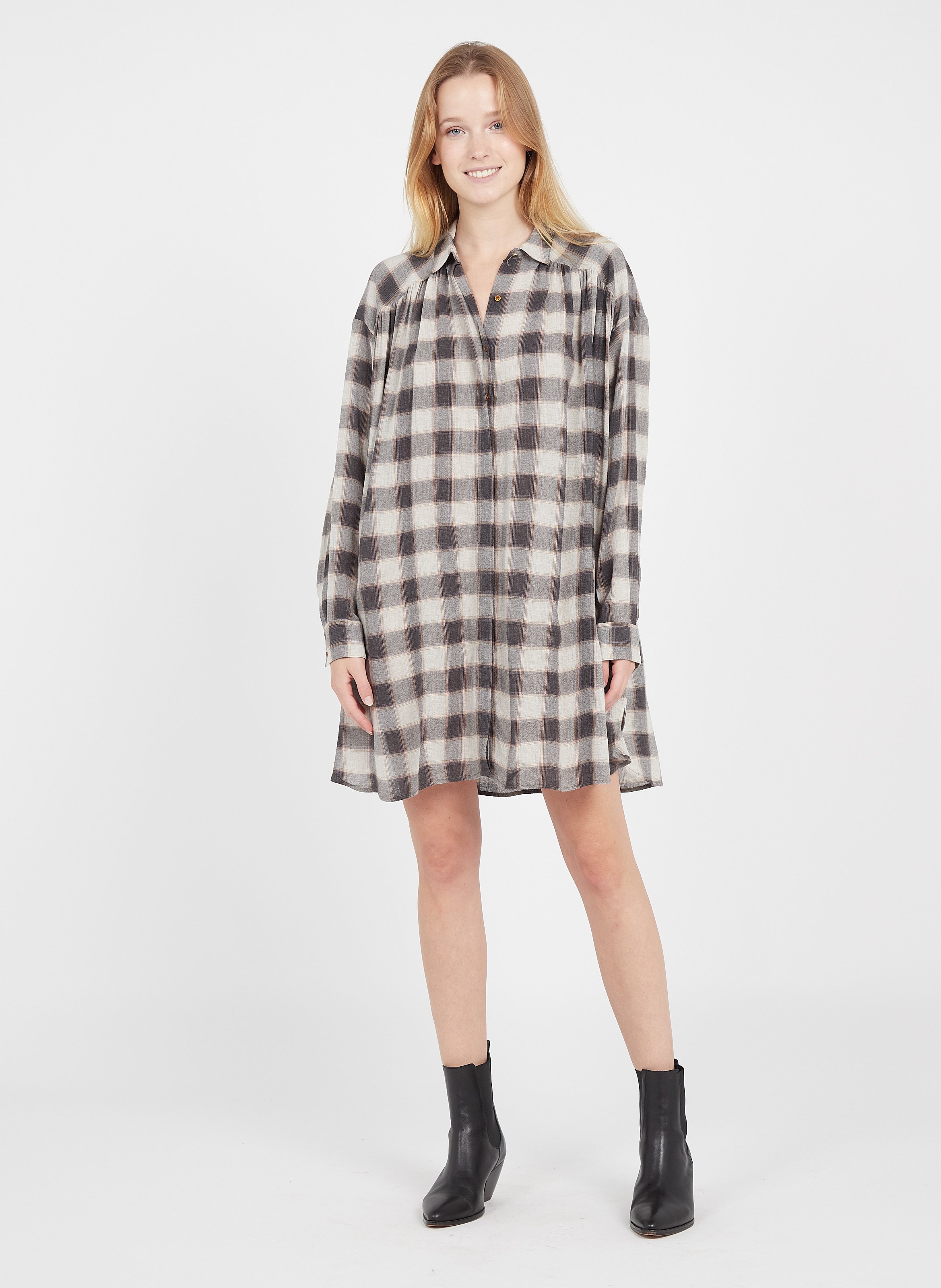 beige checked dress