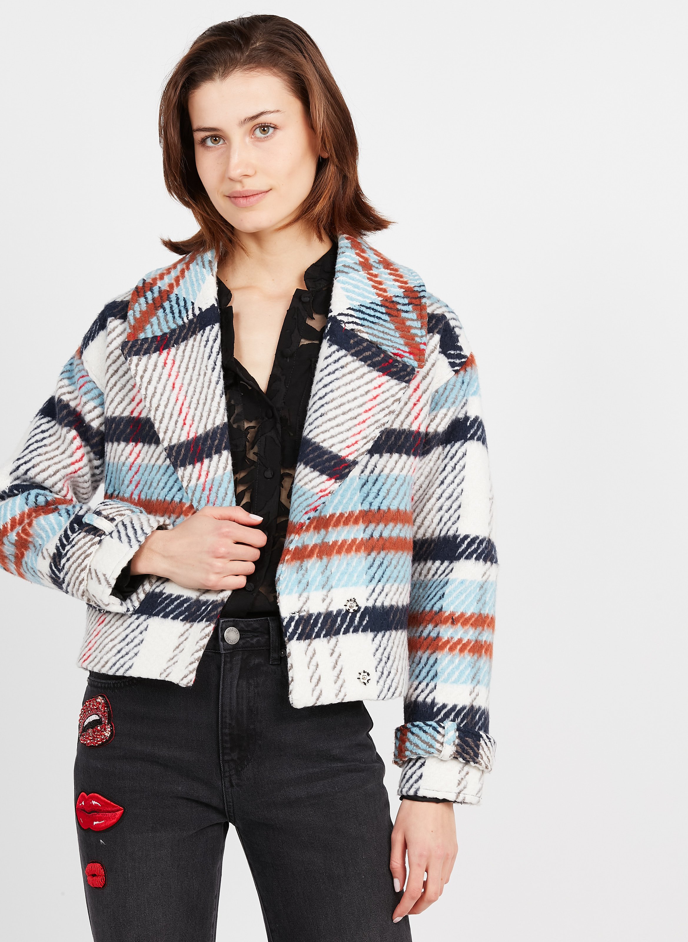 checked jacket with fur collar