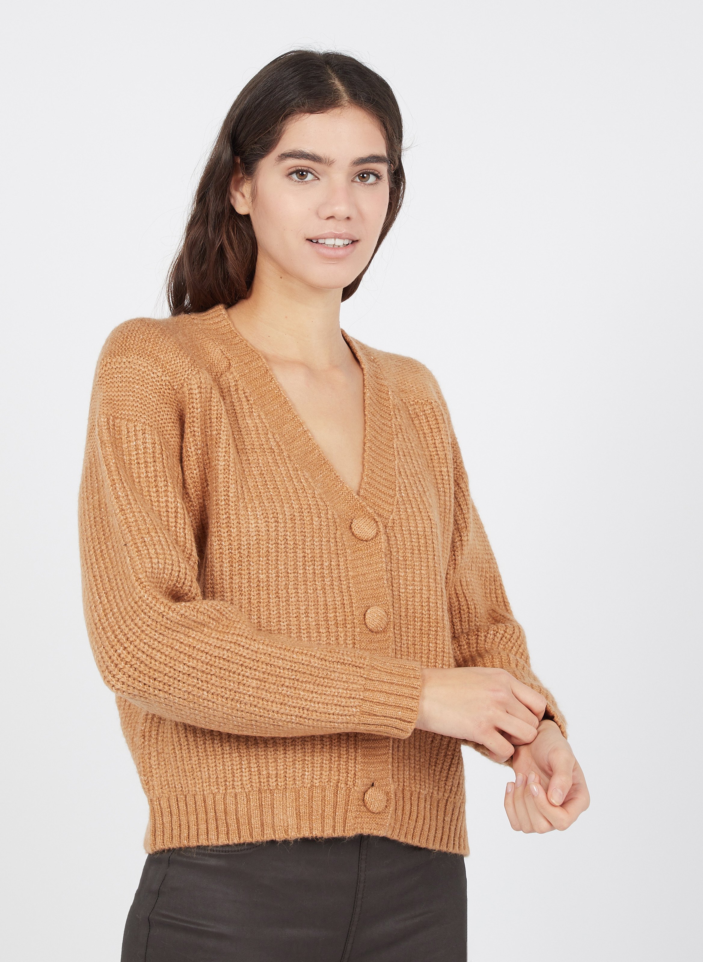 camel v neck cardigan