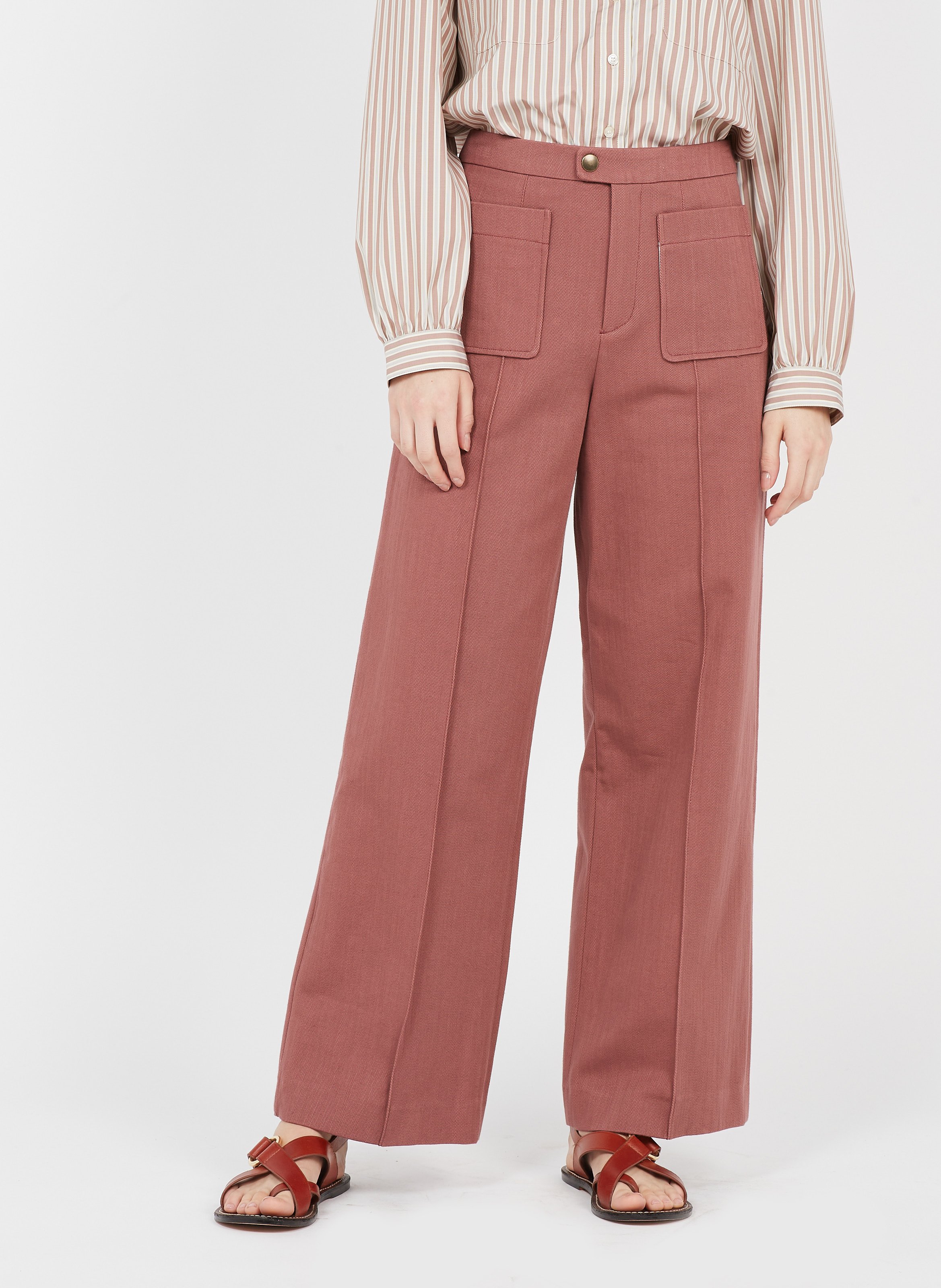 Sale High-waisted Wide-leg Cotton Twill 