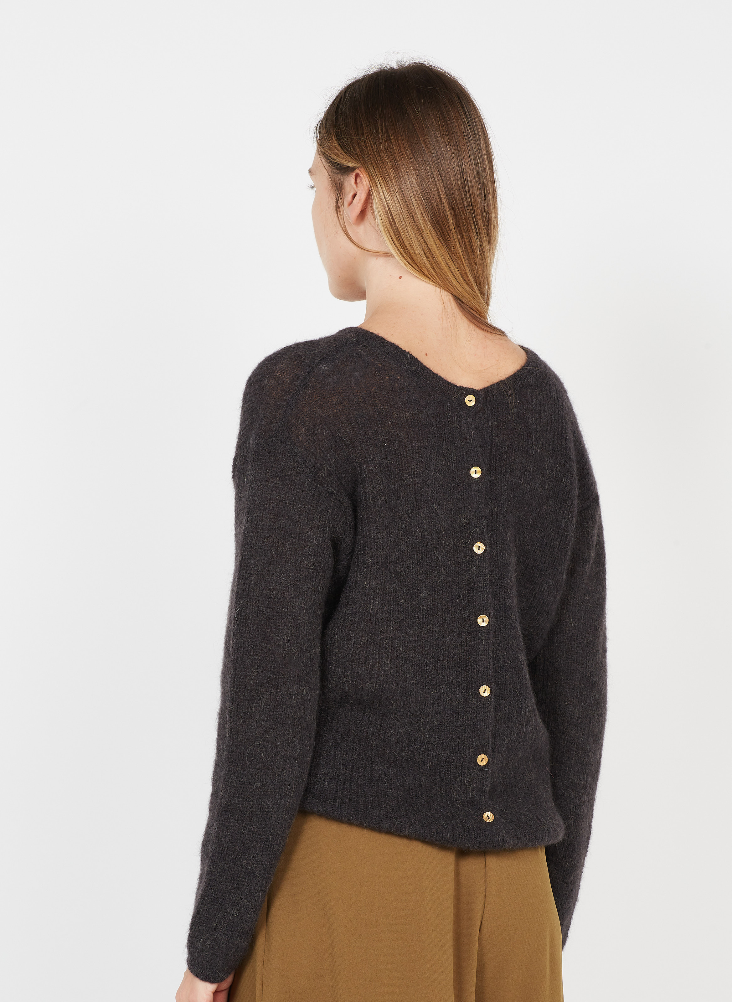 Grey Buttoned wool-blend boat-neck sweater