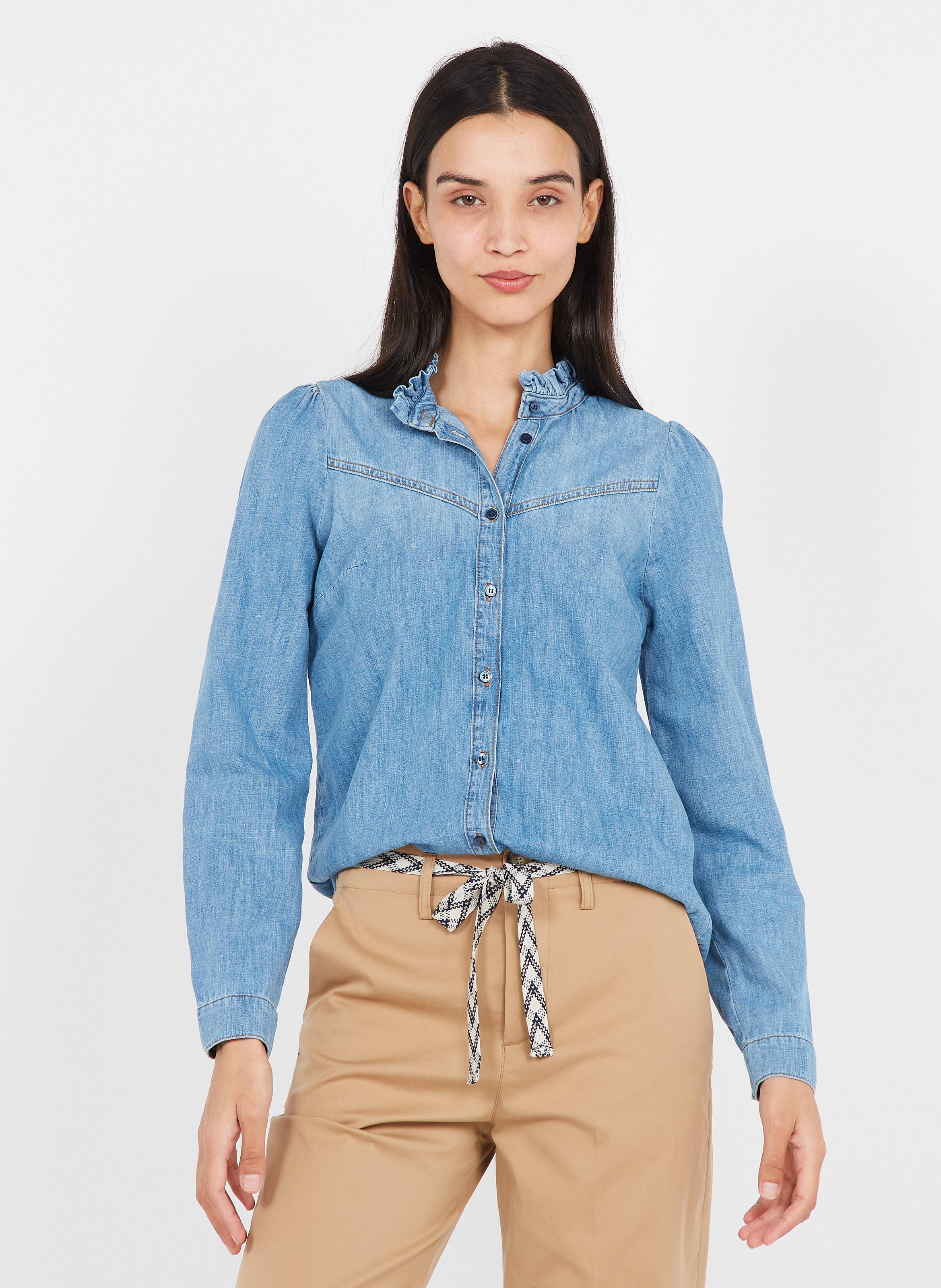 Sale Denim Shirt With Victorian Collar 