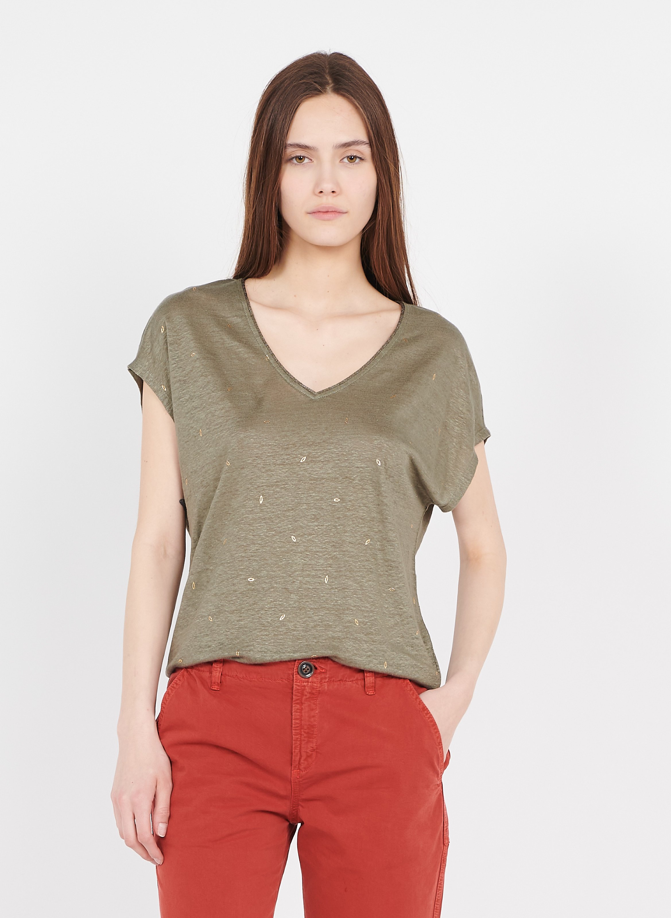 Sale Metallic Linen V-neck T-shirt Kaki 