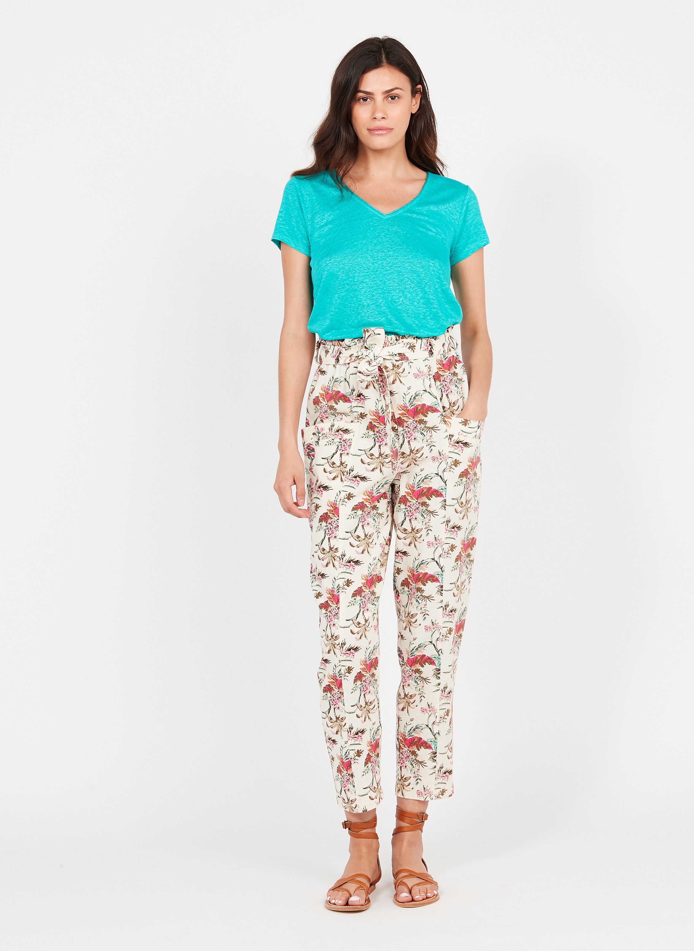 Sale V-neck Linen T-shirt Turquoise Sud 