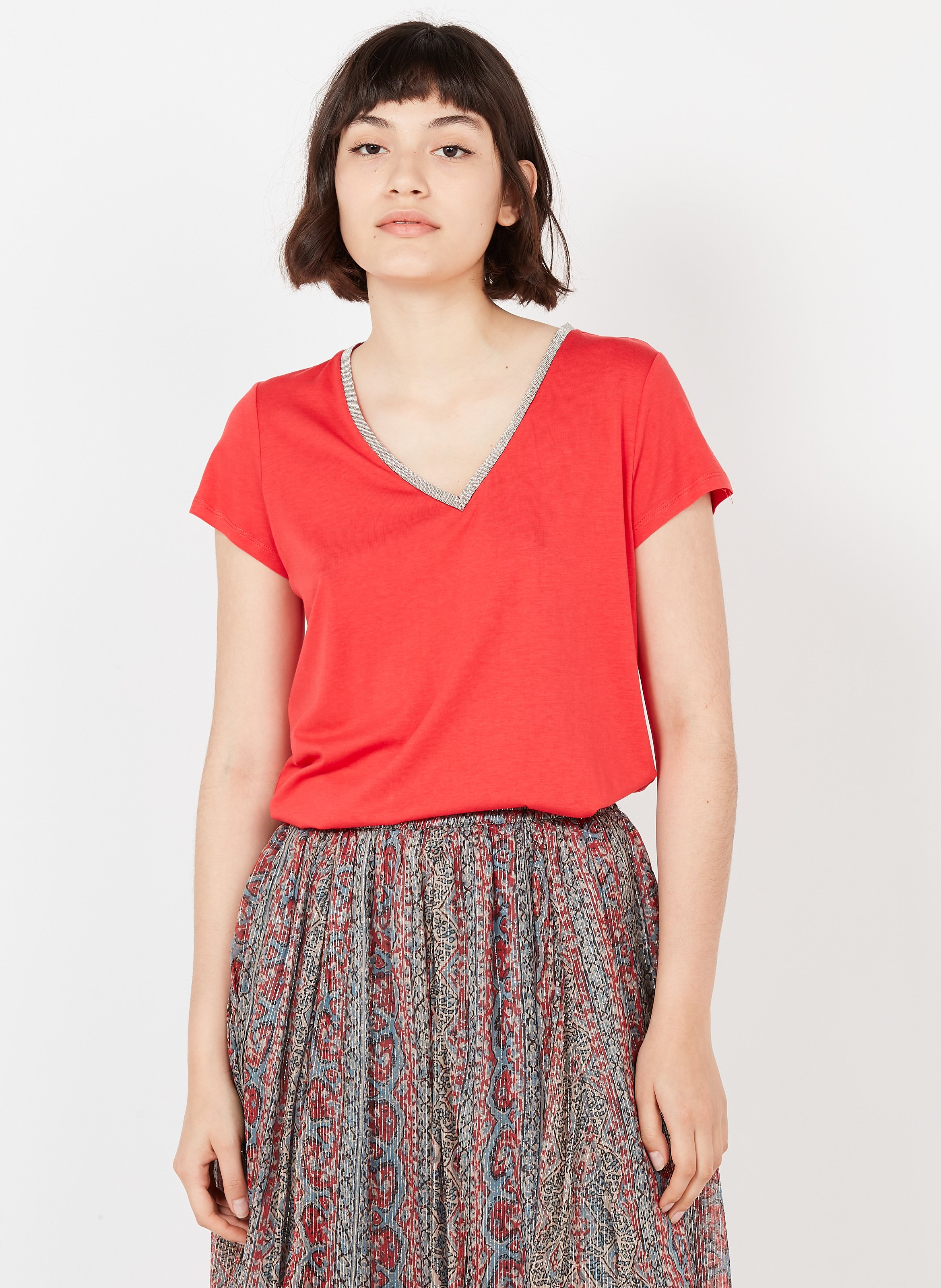 Sale Viscose V-neck T-shirt Corail Sud 