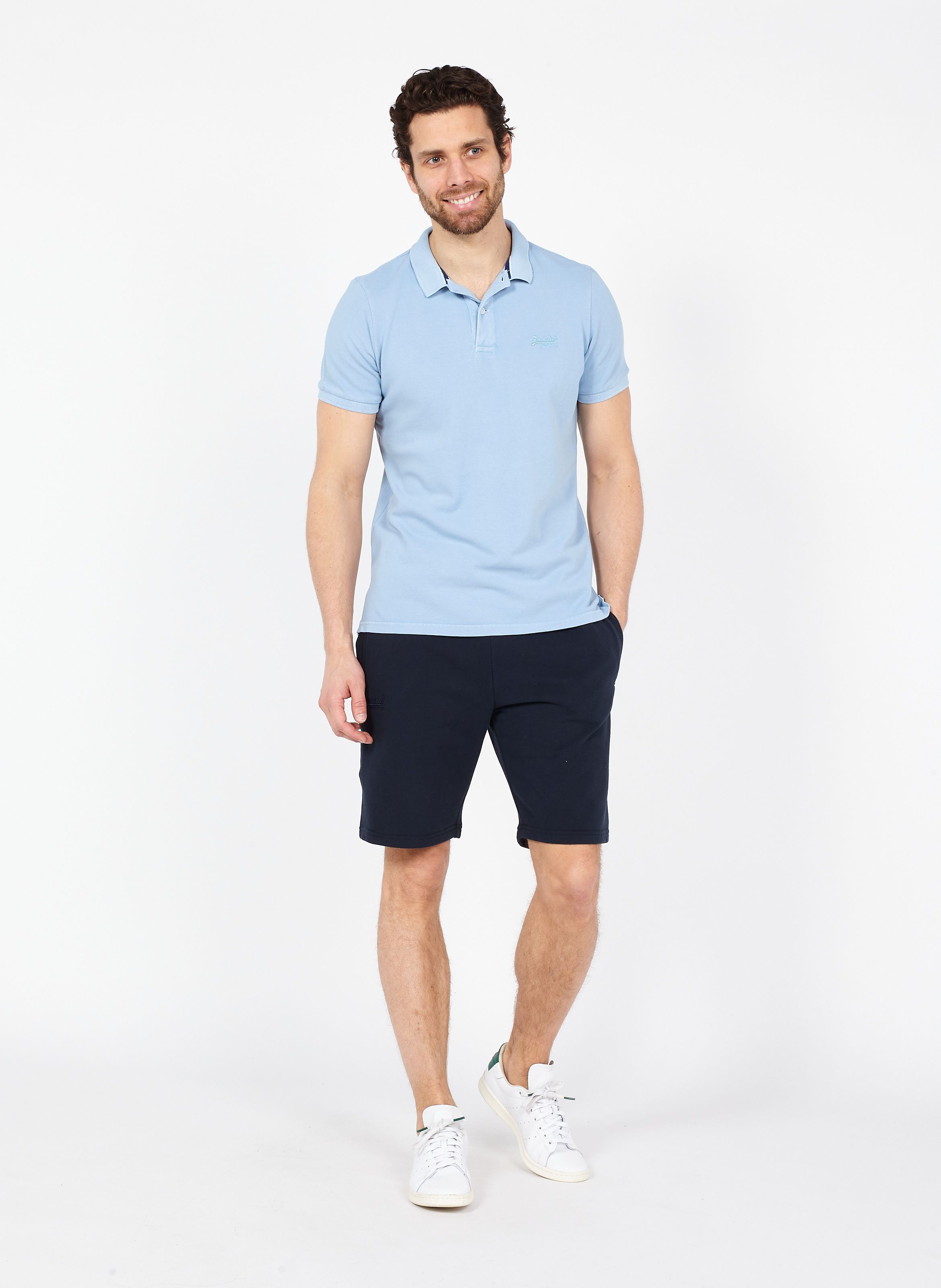 light blue shorts navy shirt