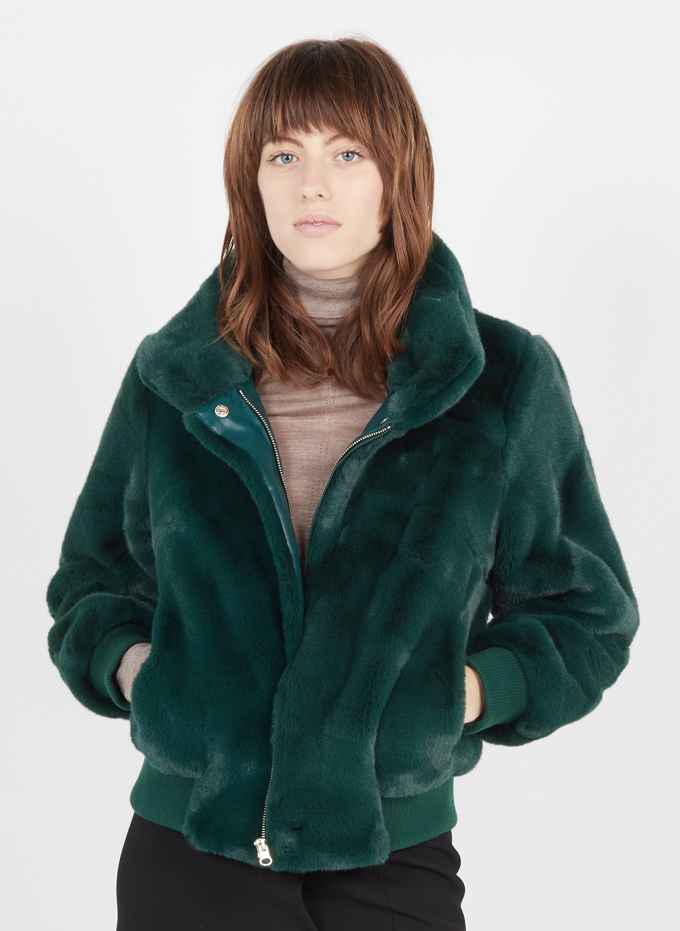 green cropped fur jacket