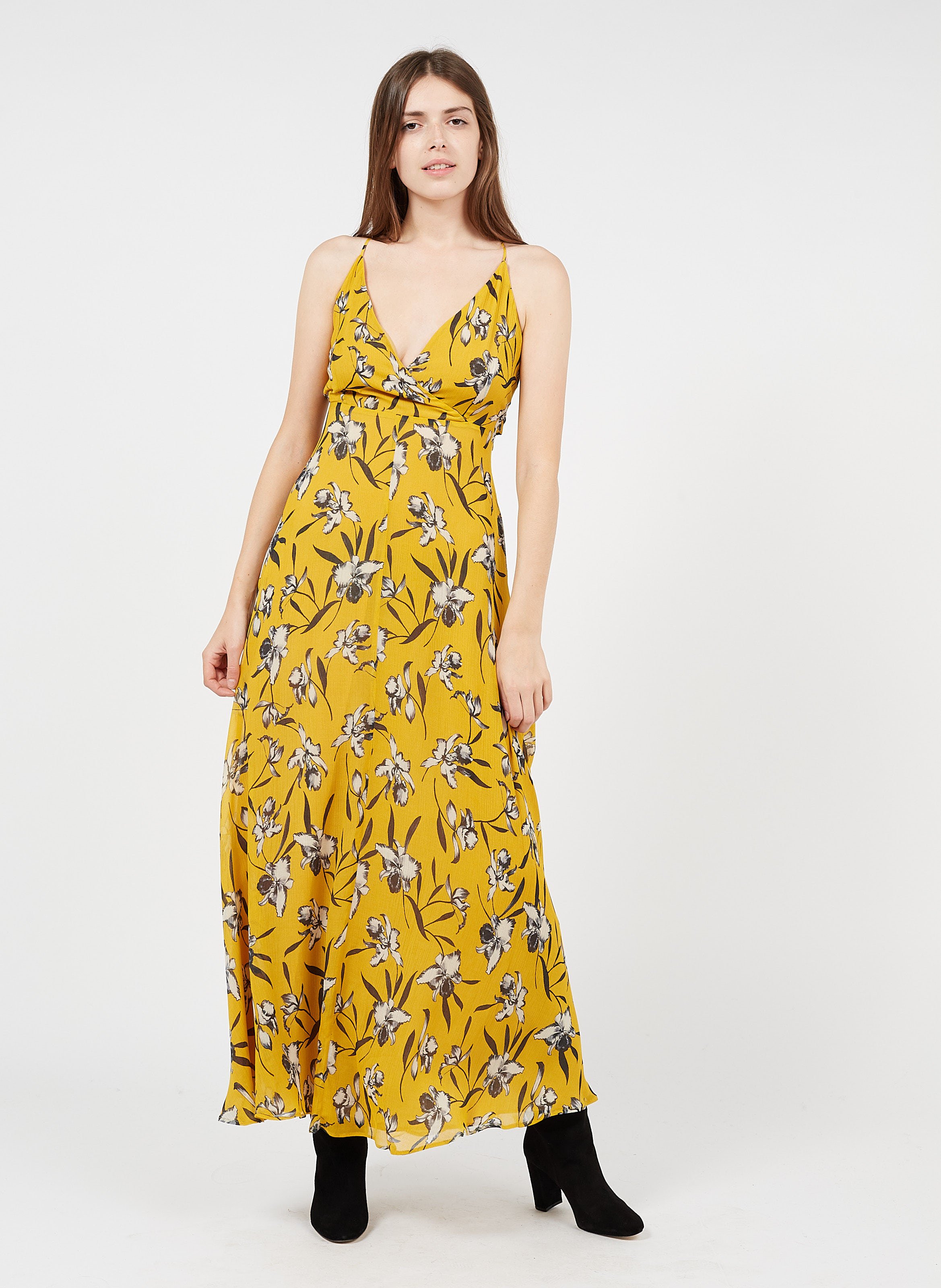 yellow floral v neck dress