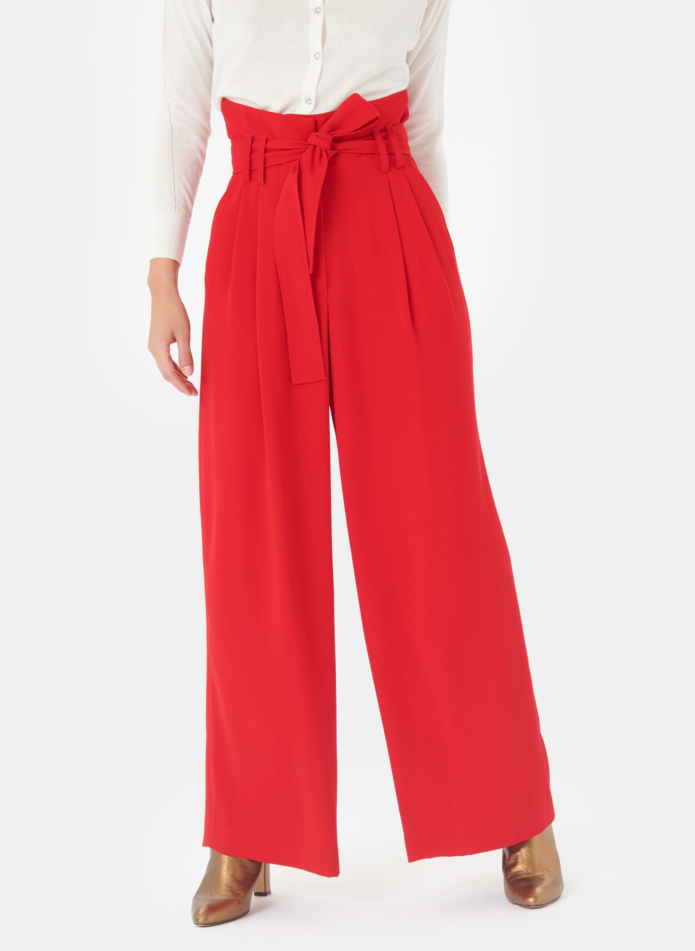 red high waisted trousers wide leg