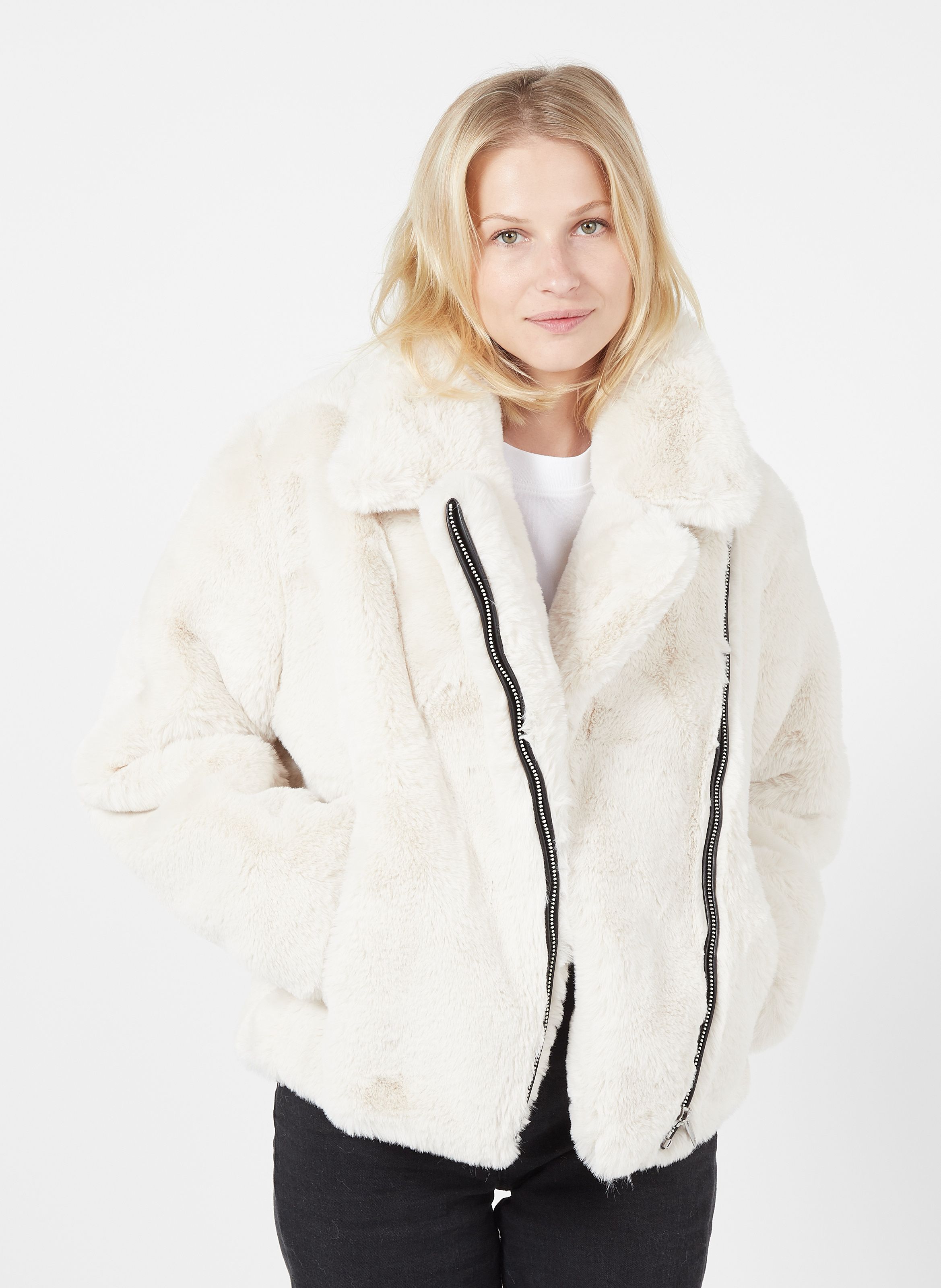 White faux fur coat with leather