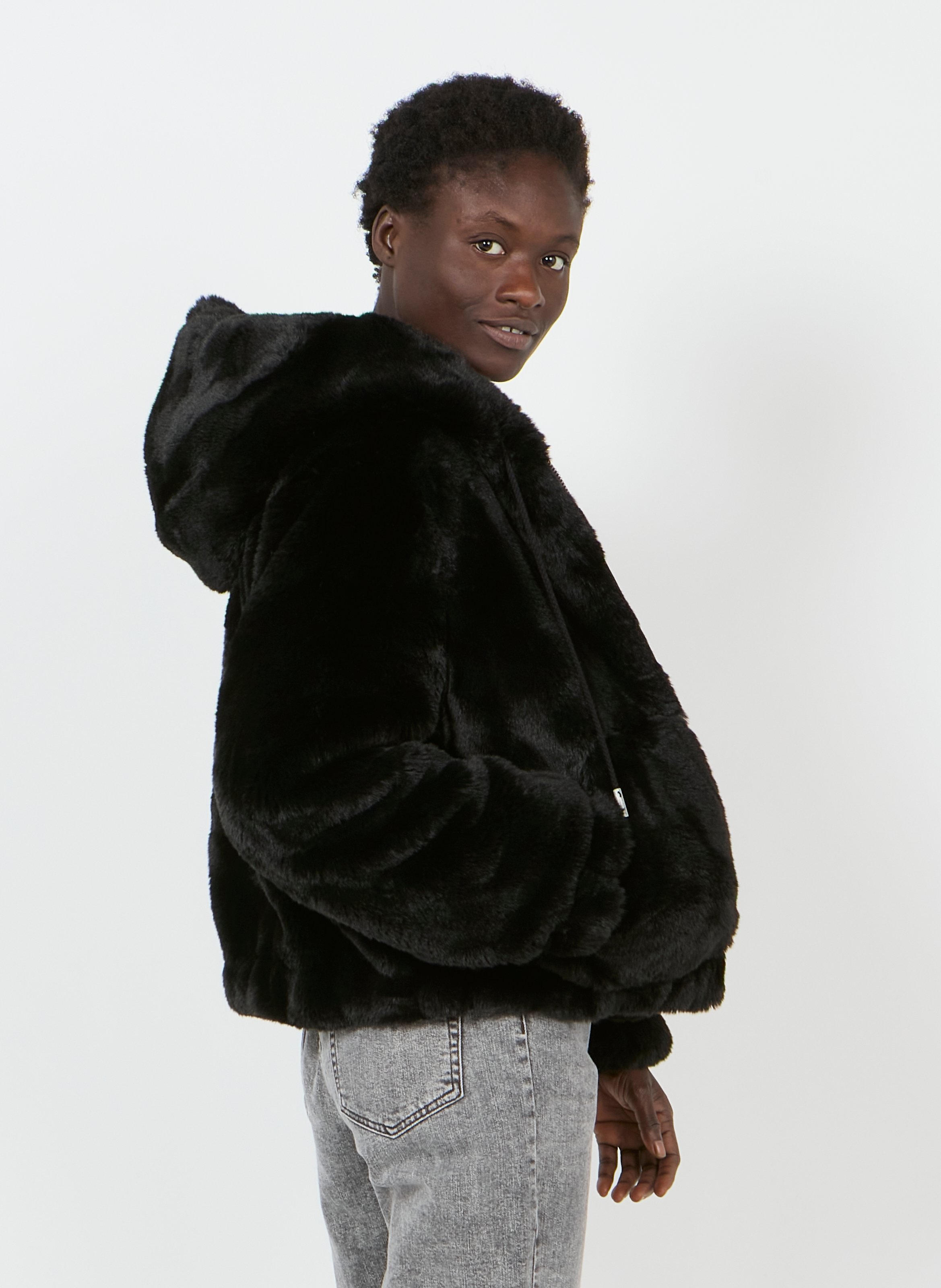 black fluffy zip up jacket