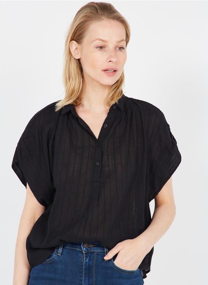 THE KORNER Black Embroidered cotton top with classic collar