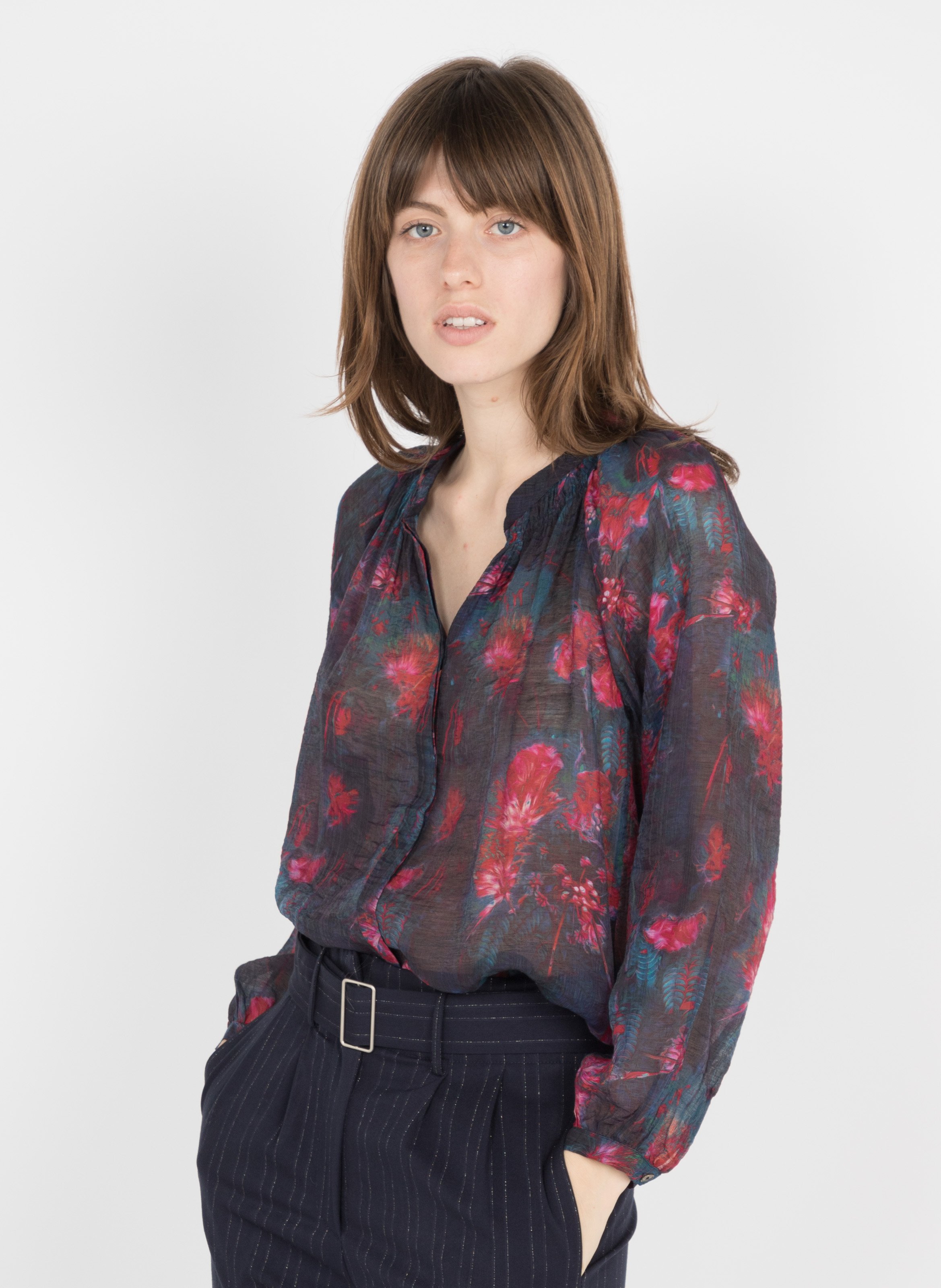 navy blue floral shirt women's