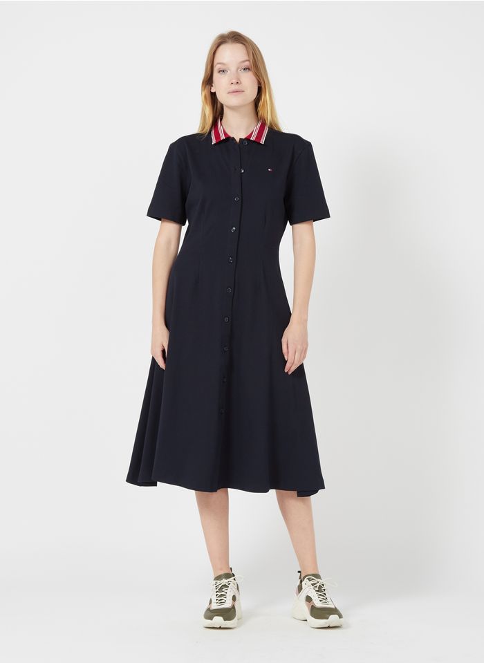 TOMMY HILFIGER Blue Cotton-blend midi dress with classic collar
