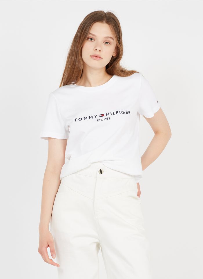 TOMMY HILFIGER White Embroidered organic cotton T-shirt with round neck