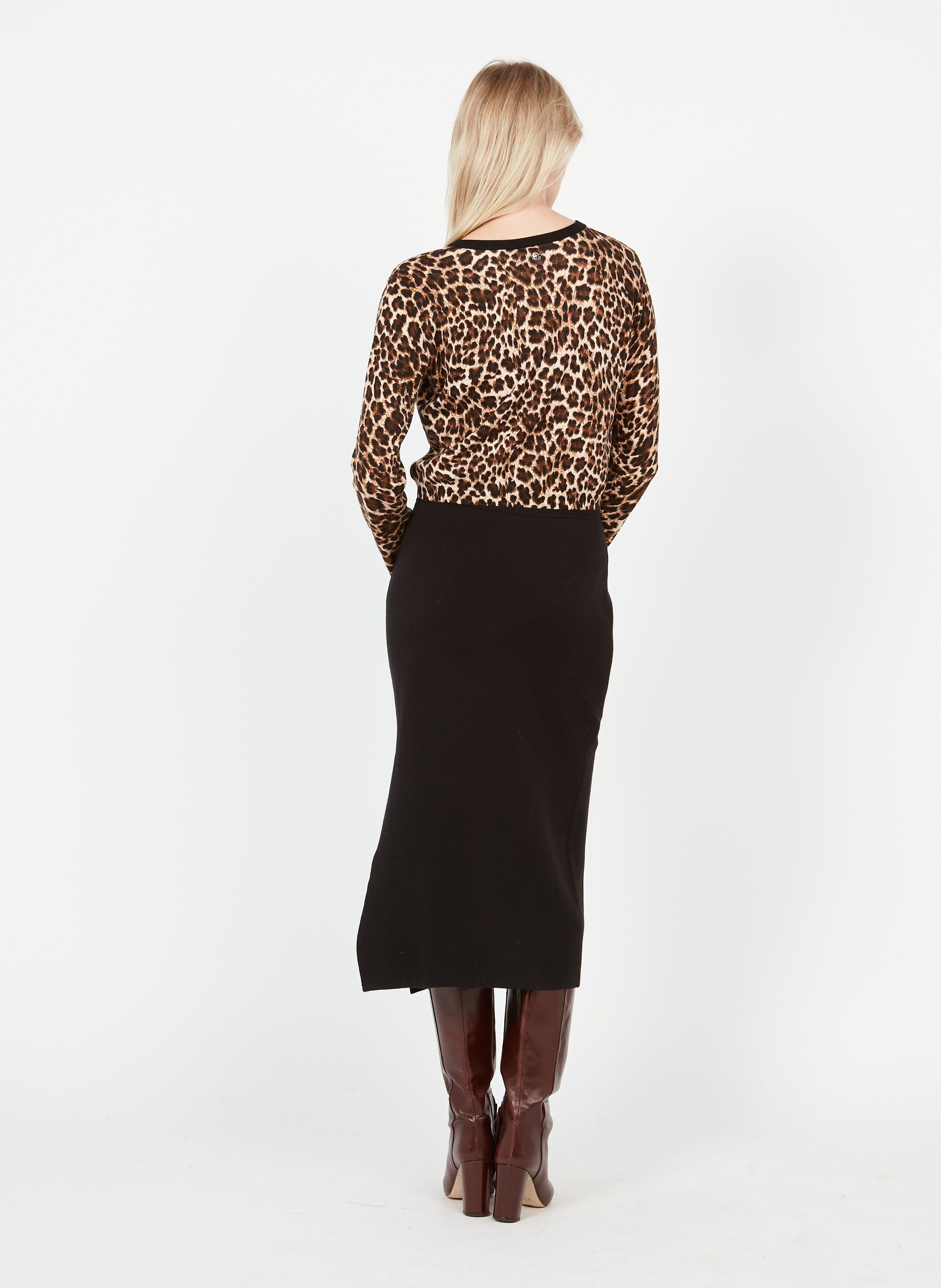 leopard print knit midi skirt