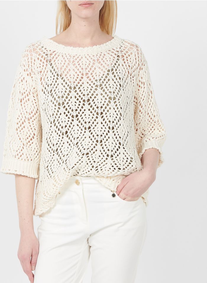 TWINSET White Openwork knit cotton short-sleeved sweater