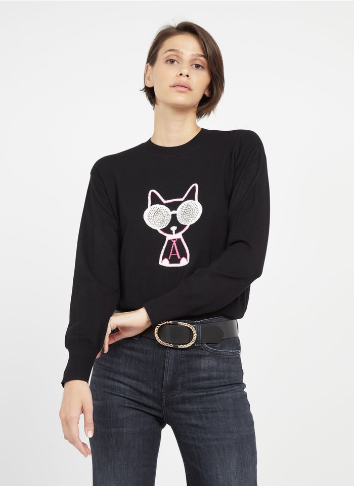 TWINSET Black Round-neck jacquard mixed-knit sweater with rhinestones