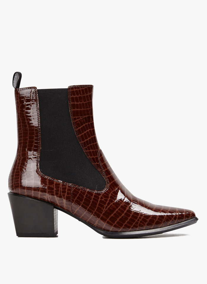 Endelig sammensnøret udbrud Mock Croc Patent Leather Pointed Toe Mid-calf Boots Brown Vagabond - Women  | Place des Tendances