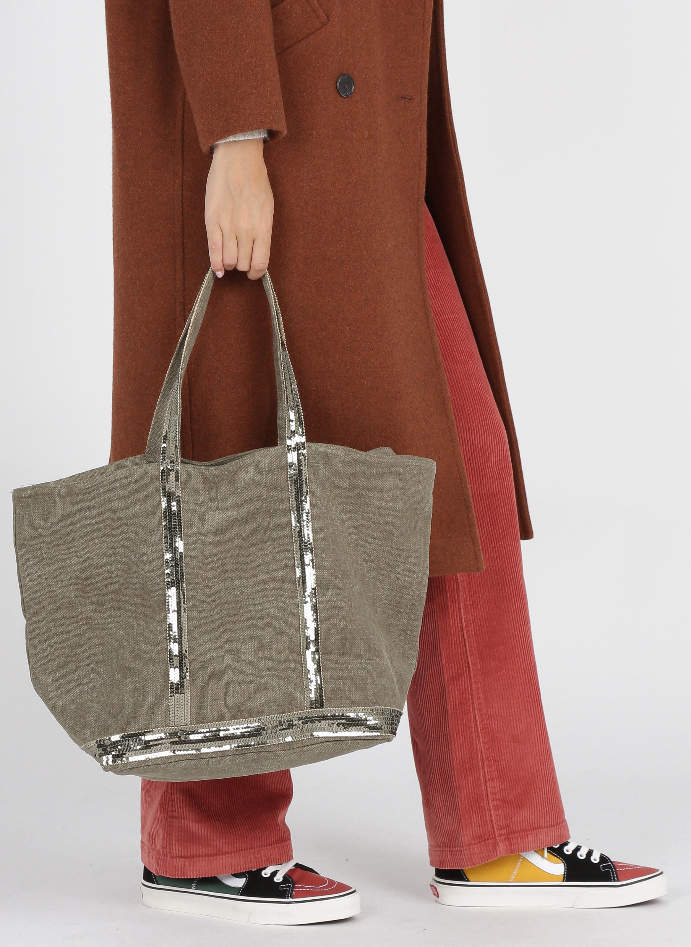 Khaki Sequin embroidered linen tote bag