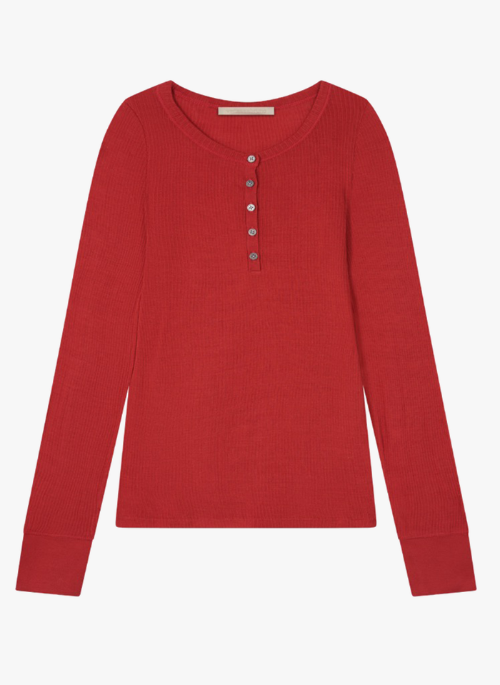 VANESSA BRUNO Red Ribbed cotton henley T-shirt