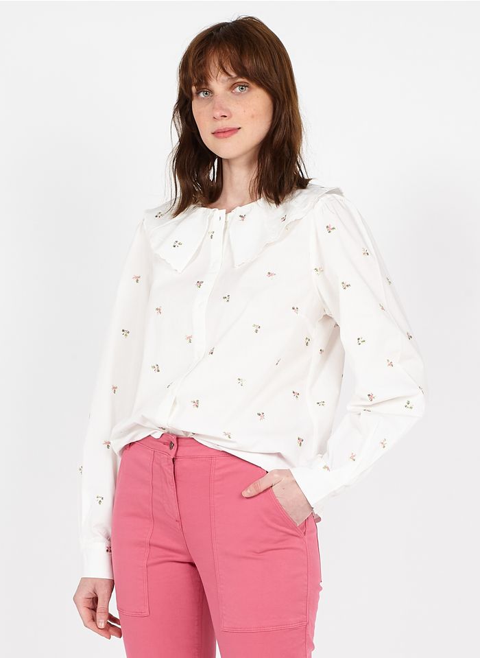 VILA White Embroidered cotton shirt with Peter Pan collar