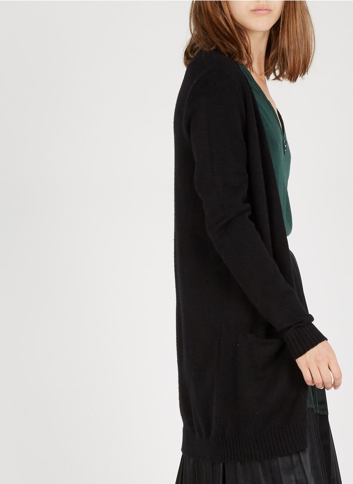 VILA Black Mid-length mixed-knit cardigan with pockets and shawl collar
