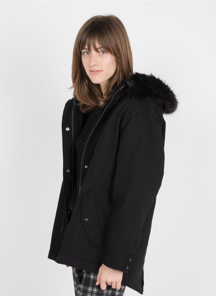 WHISTLES Black Cotton parka with synthetic fur hood